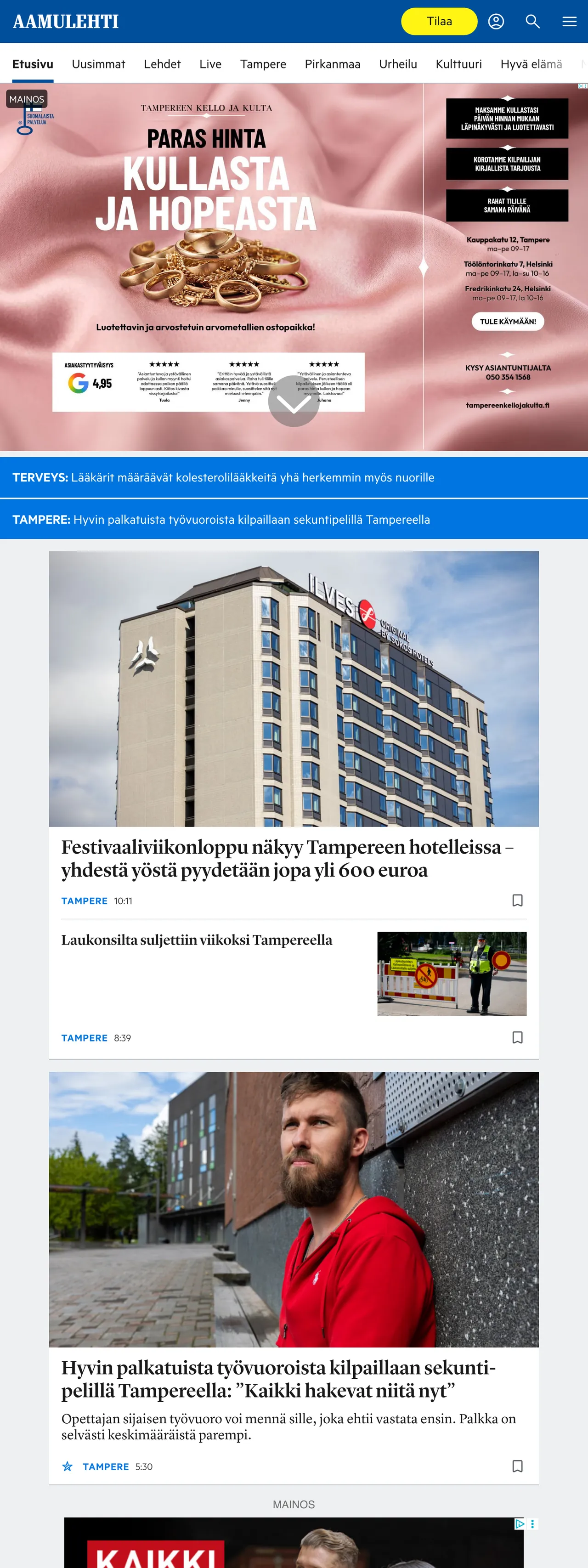 Screenshot of the Aamulehti front page