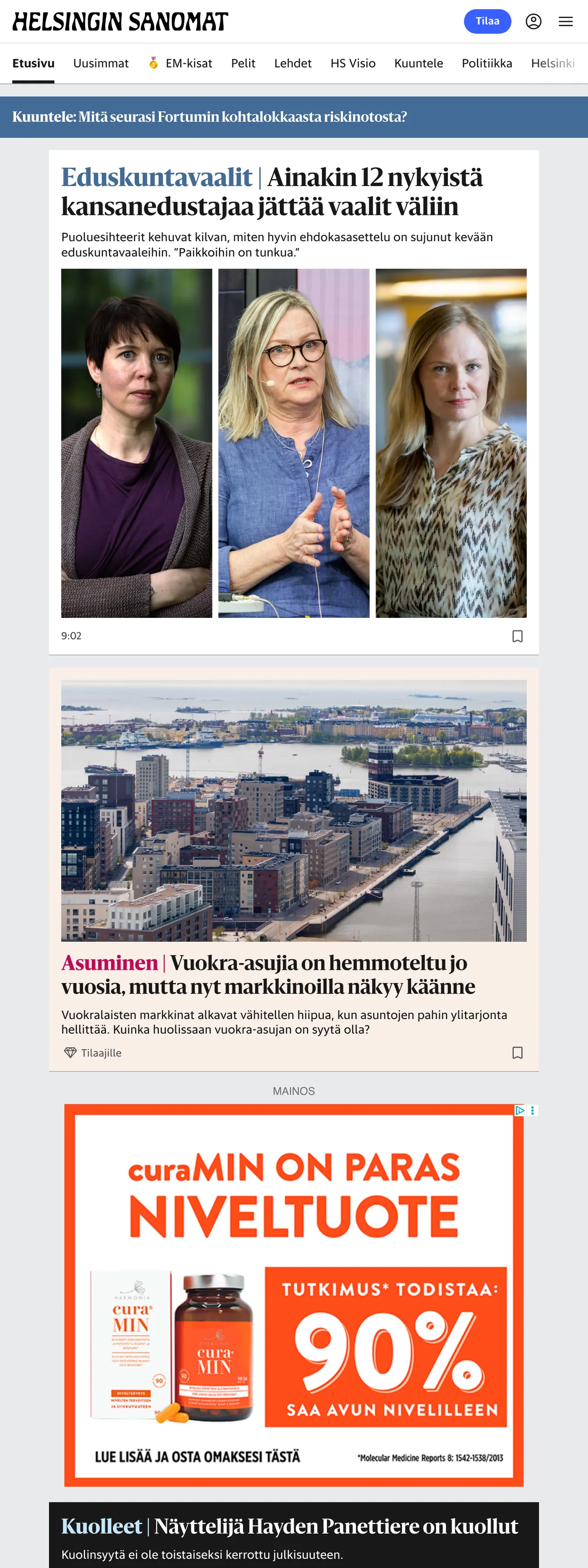 Screenshot of the Helsingin Sanomat front page