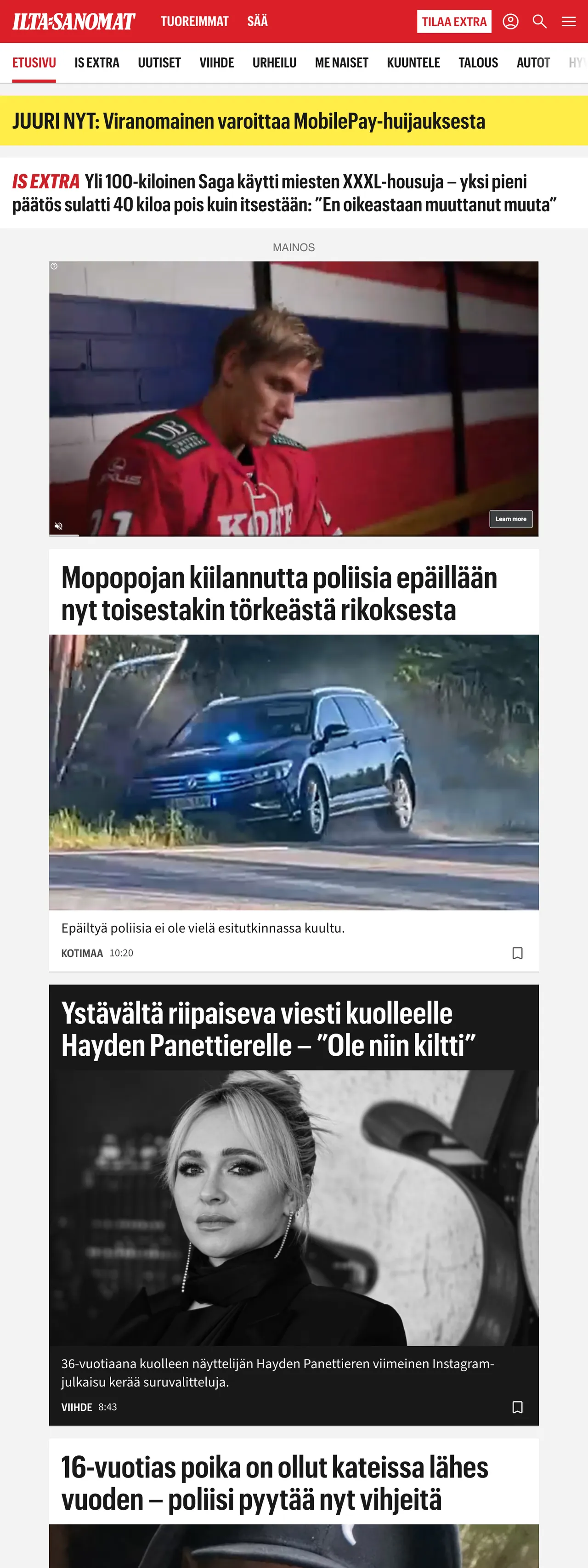 Screenshot of the Ilta-Sanomat front page