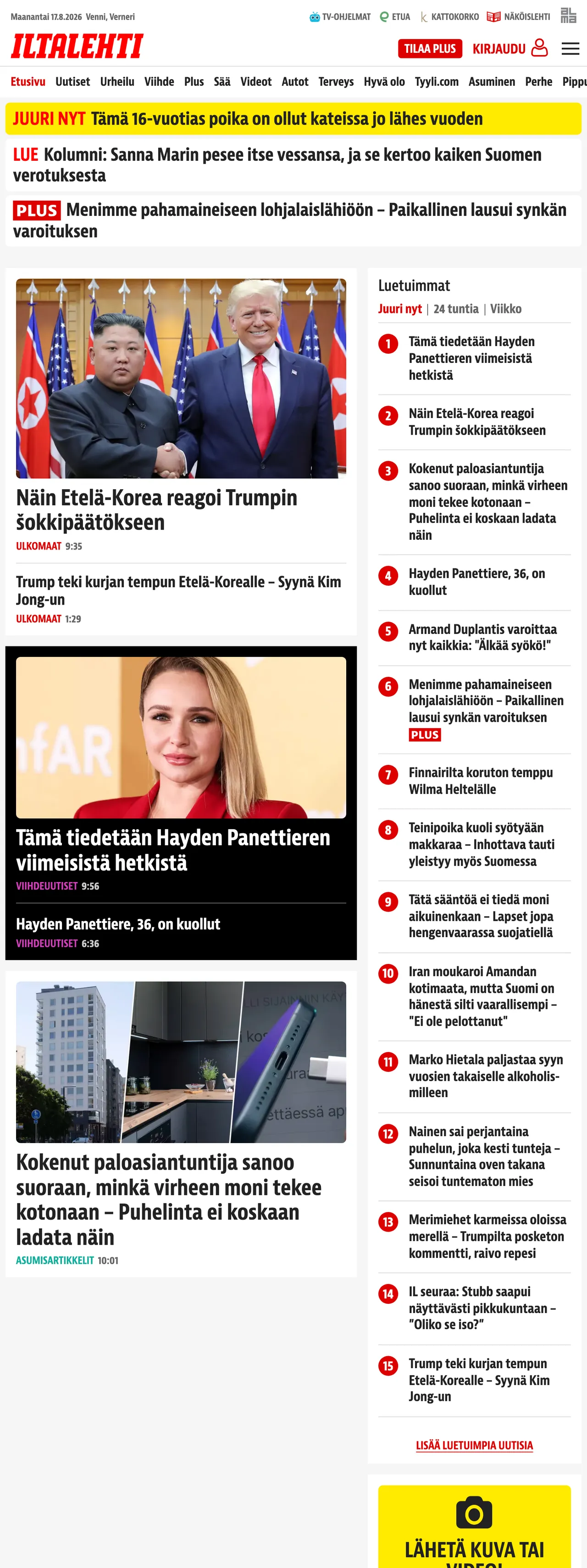 Screenshot of the Iltalehti front page