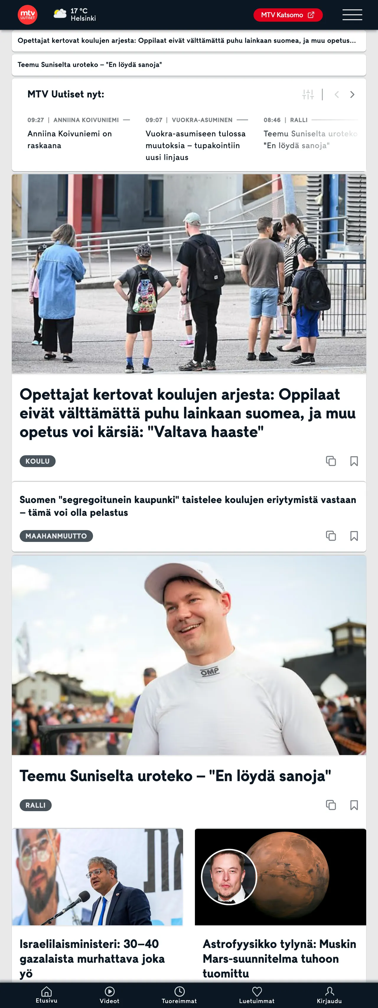 Screenshot of the MTV Uutiset front page