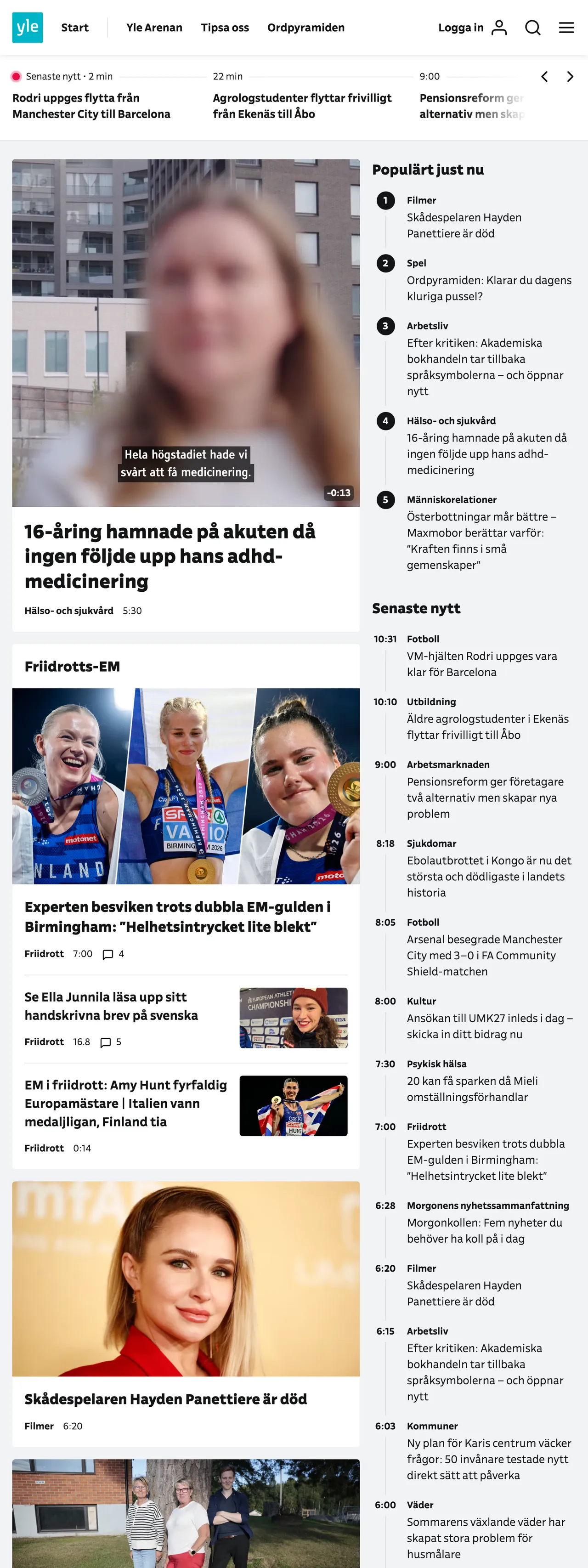 Screenshot of the Svenska Yle front page