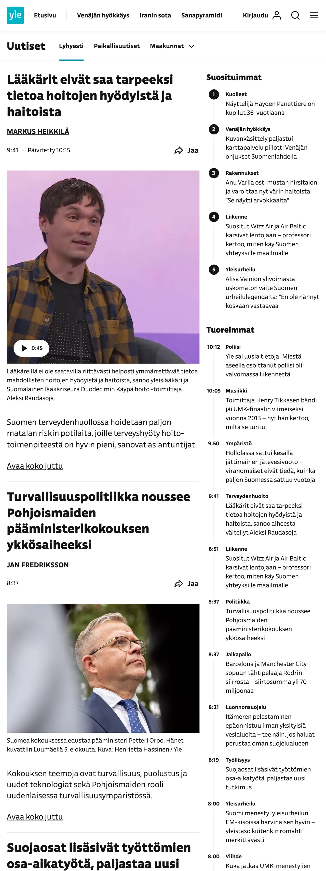 Screenshot of the Yle front page
