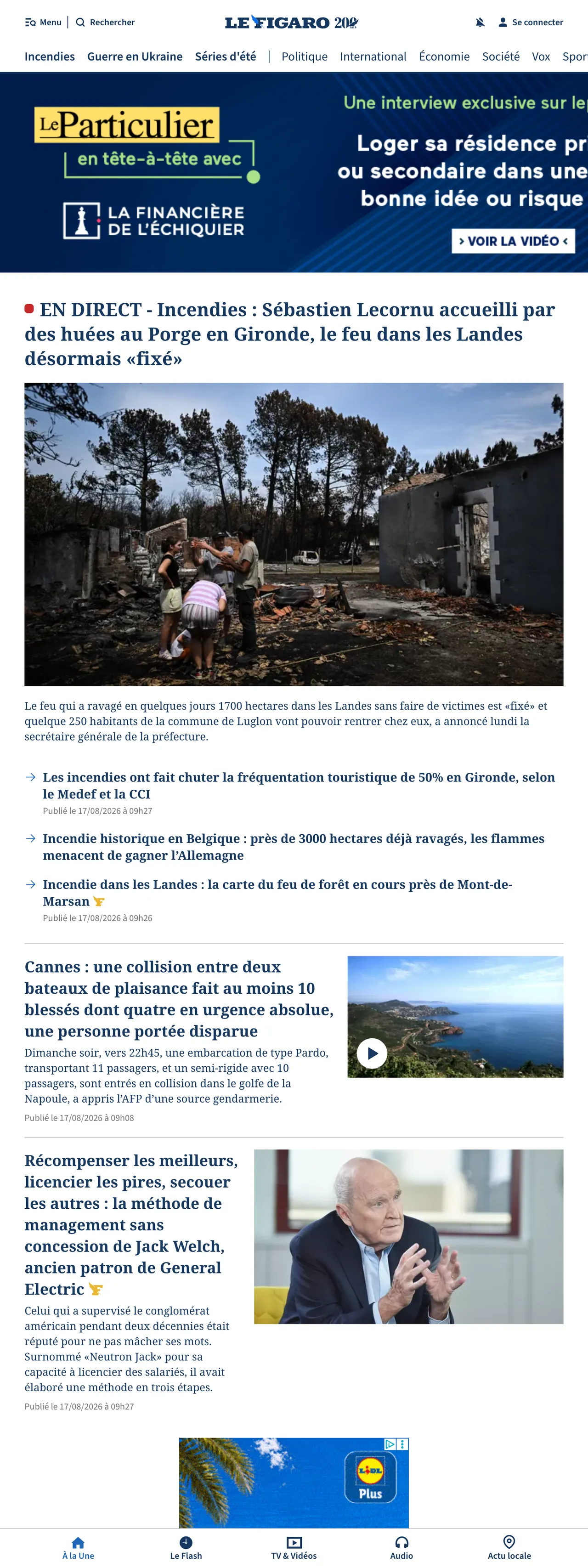 Screenshot of the Le Figaro front page