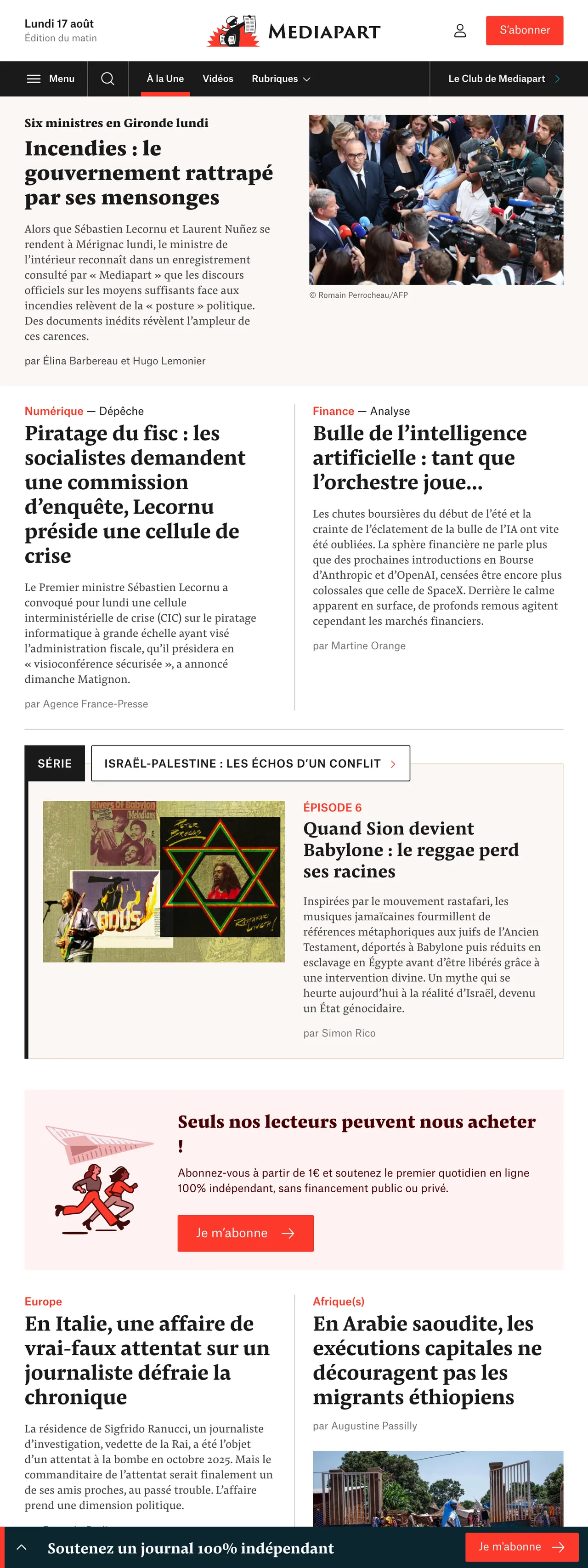 Screenshot of the Mediapart front page