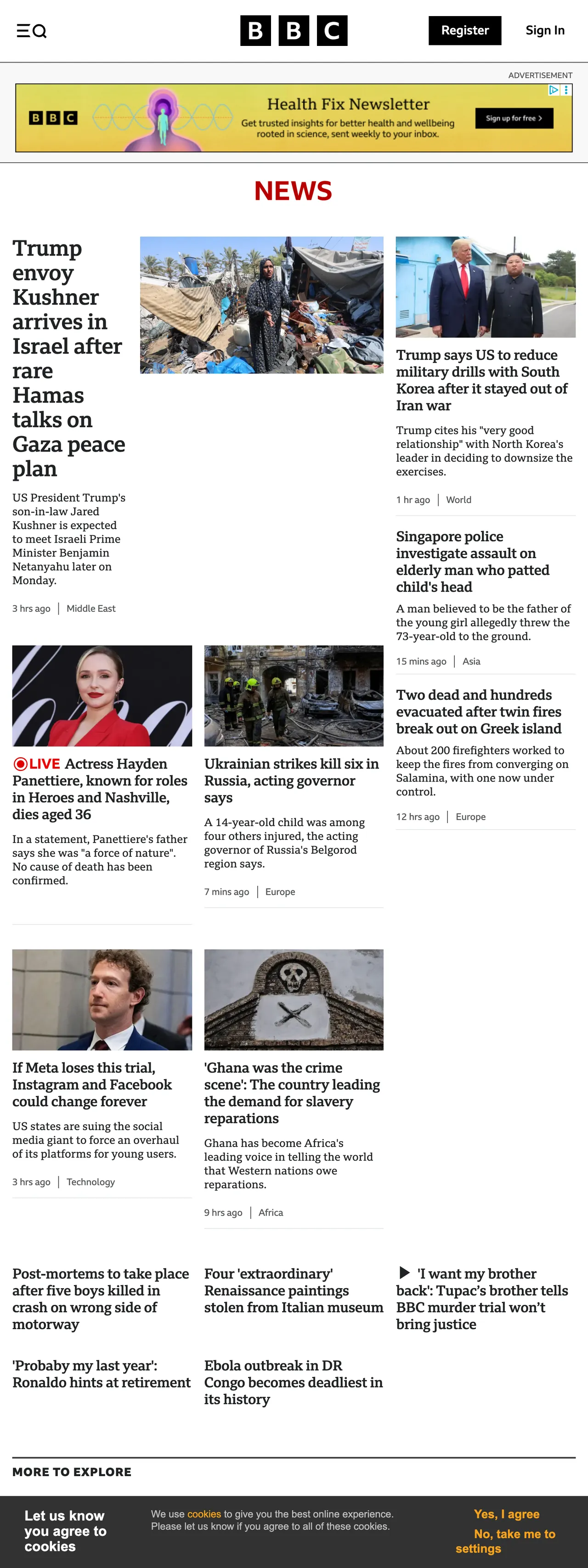Screenshot of the BBC News front page