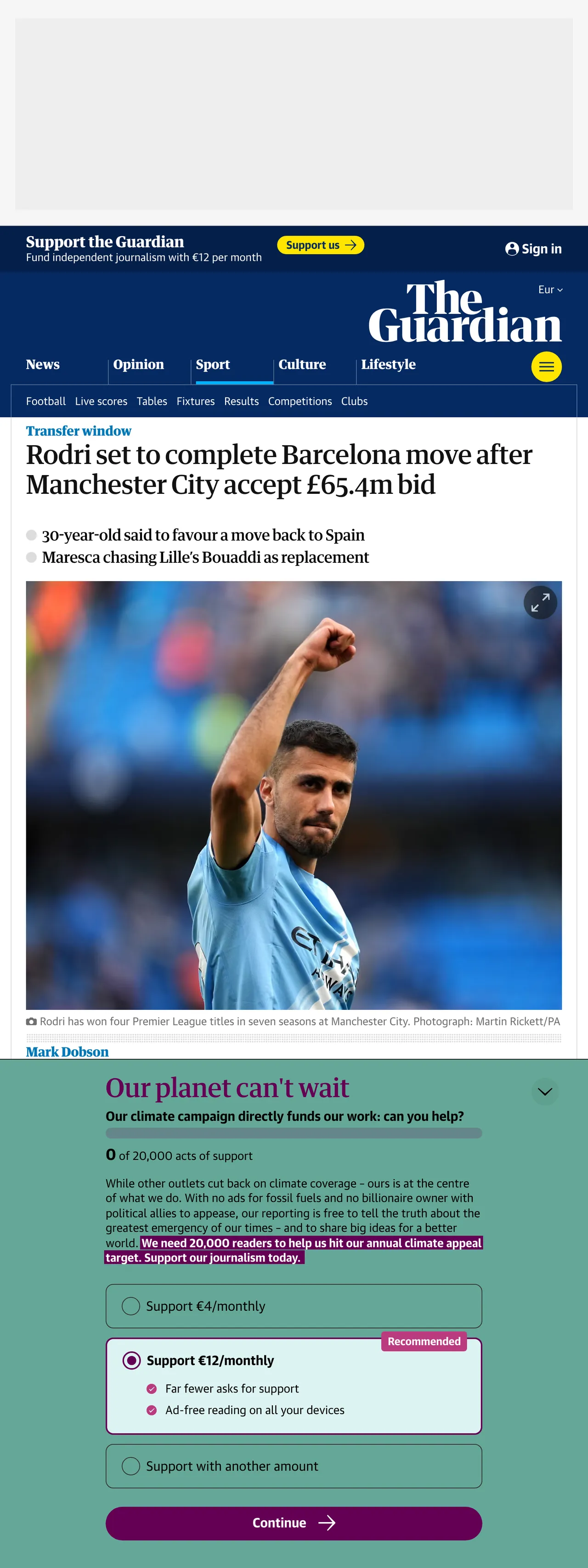Screenshot of the The Guardian front page