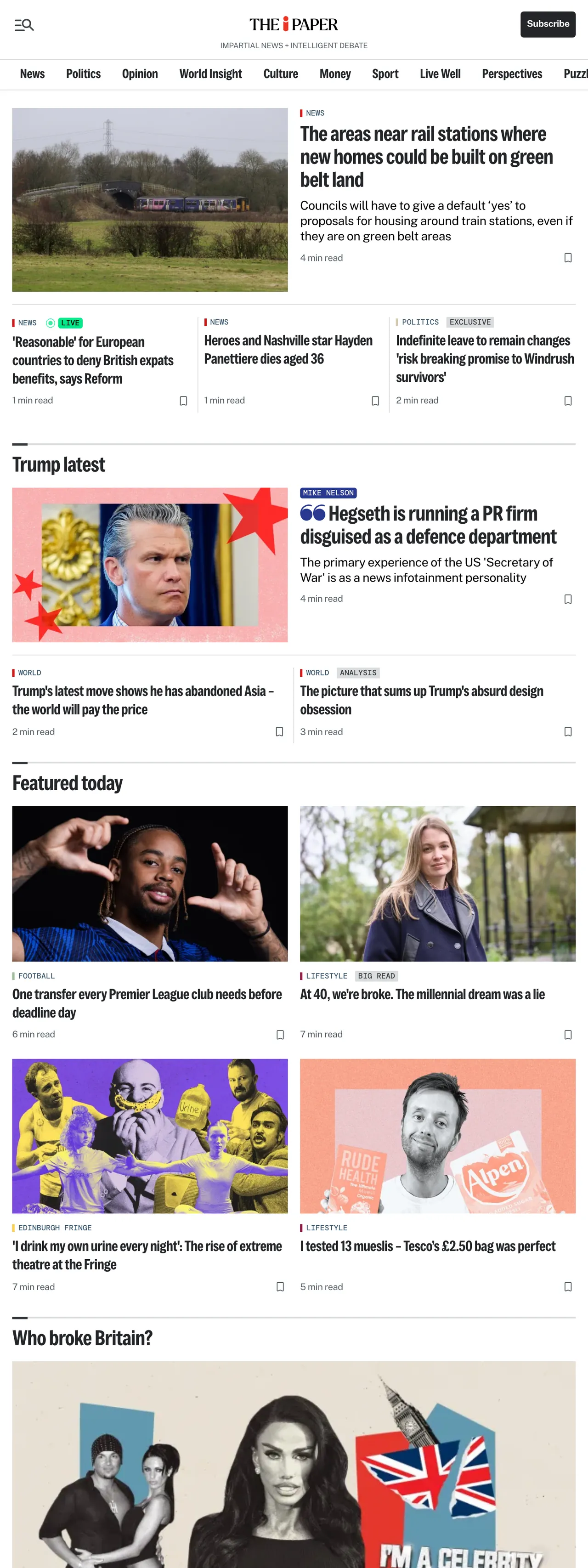 Screenshot of the The i Paper front page