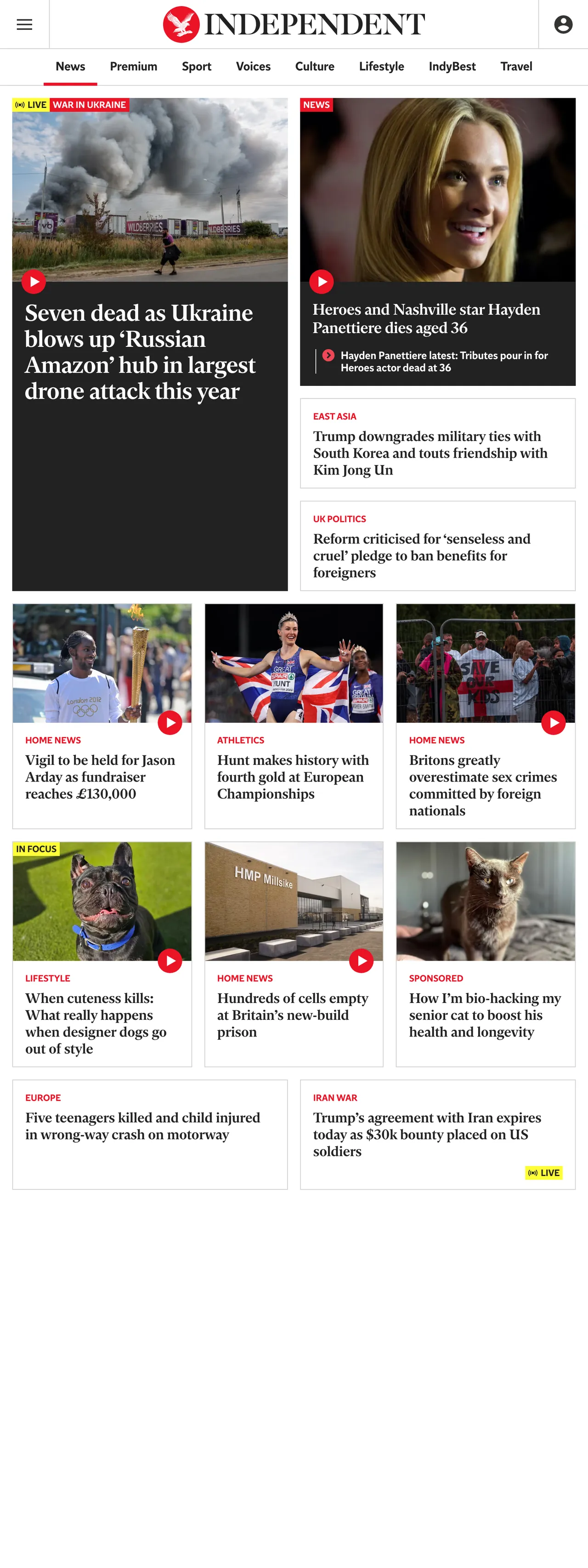 Screenshot of the The Independent front page