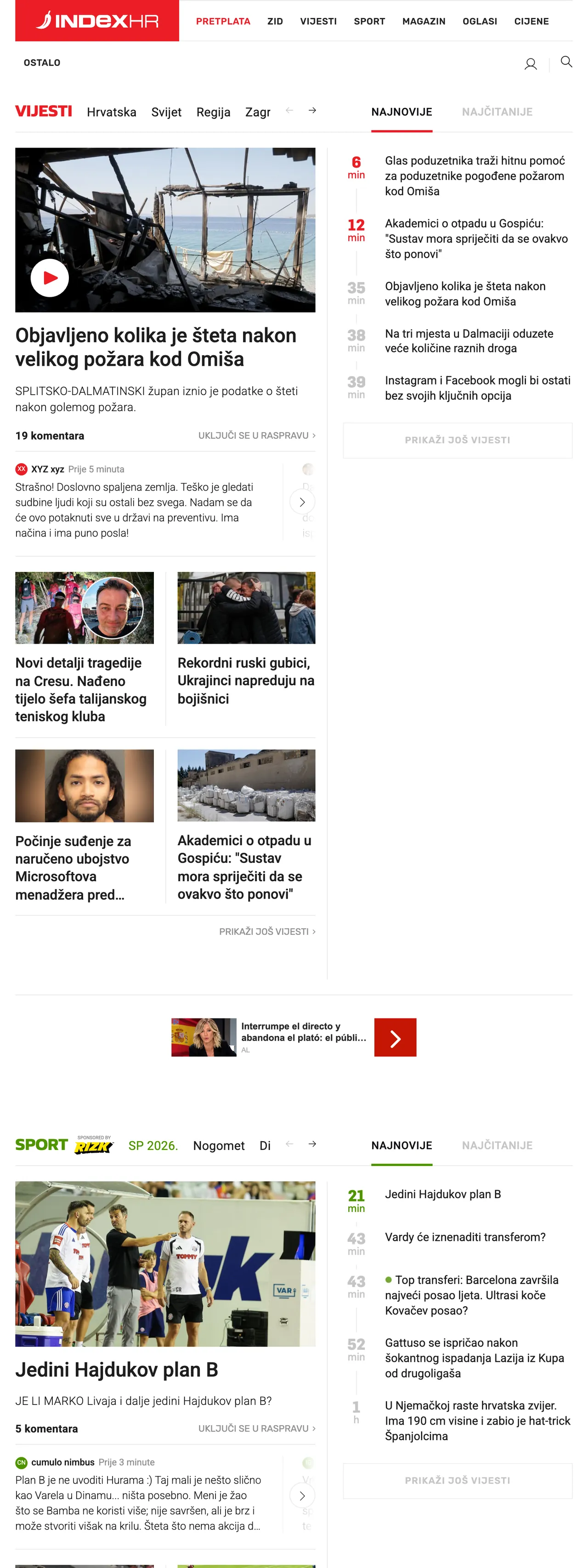 Screenshot of the Index.hr front page