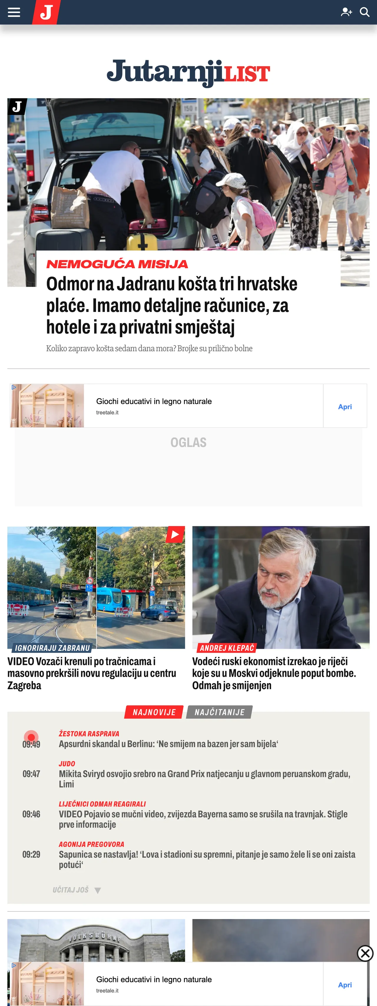 Screenshot of the Jutarnji list front page