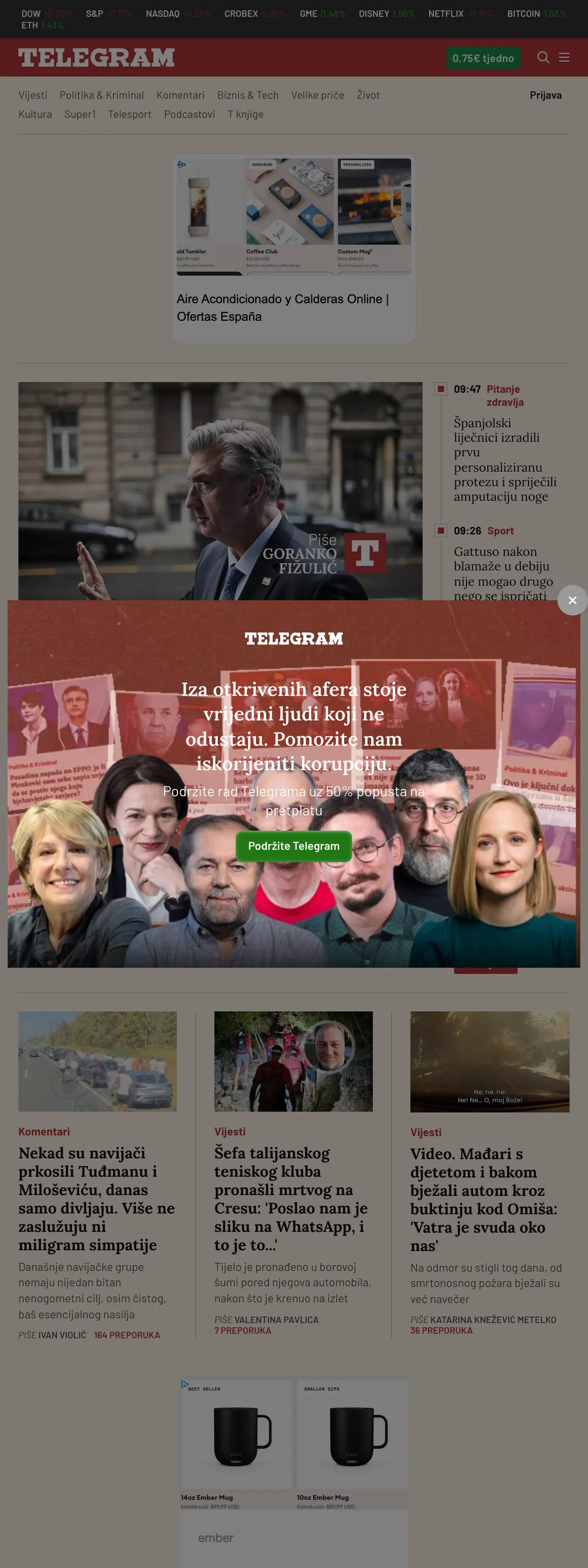 Screenshot of the Telegram.hr front page