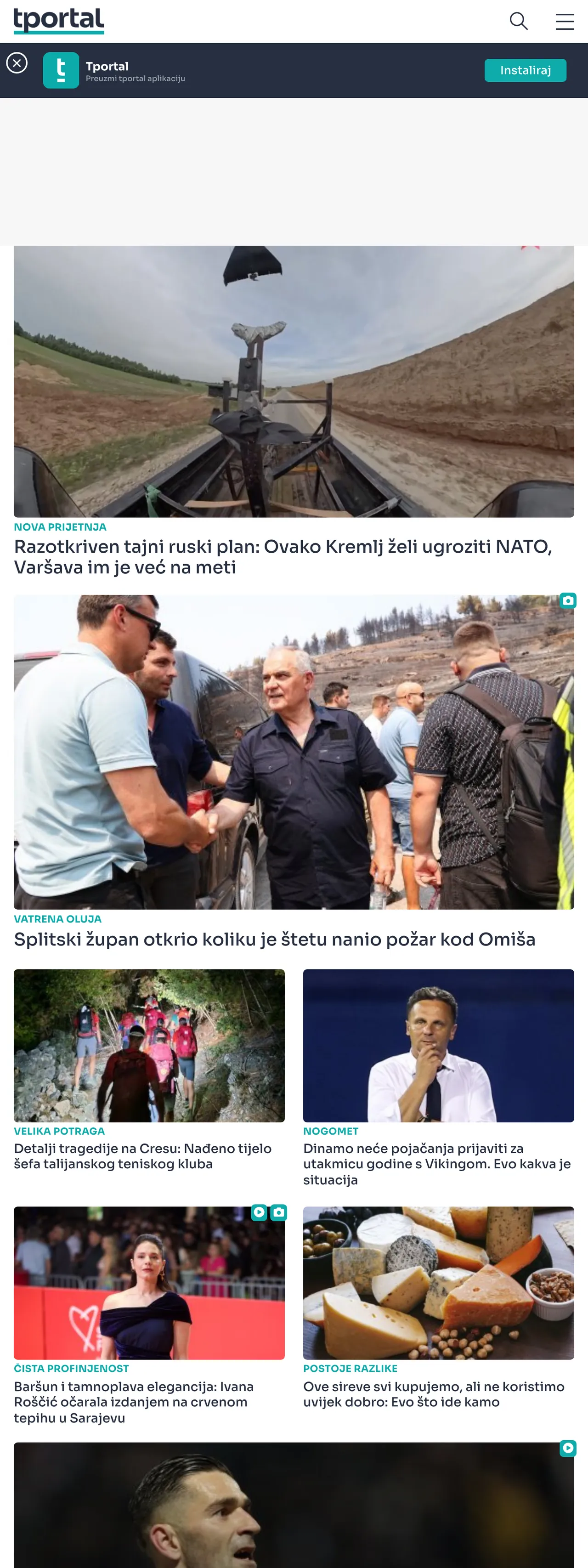 Screenshot of the tportal front page