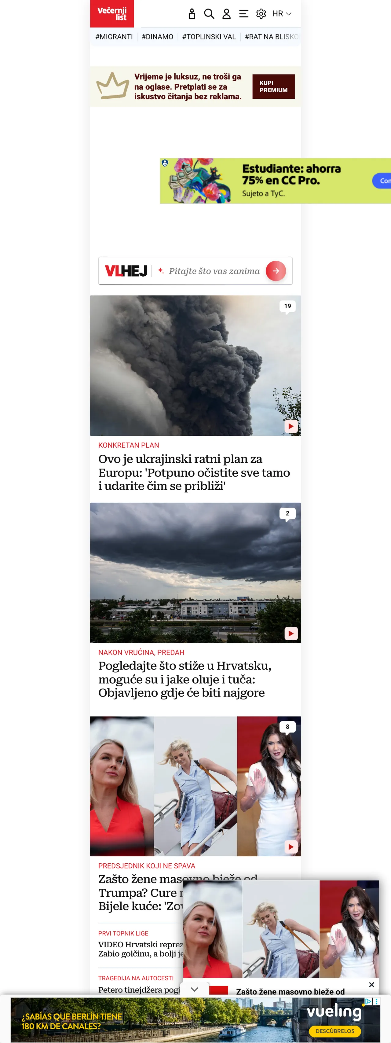 Screenshot of the Večernji list front page