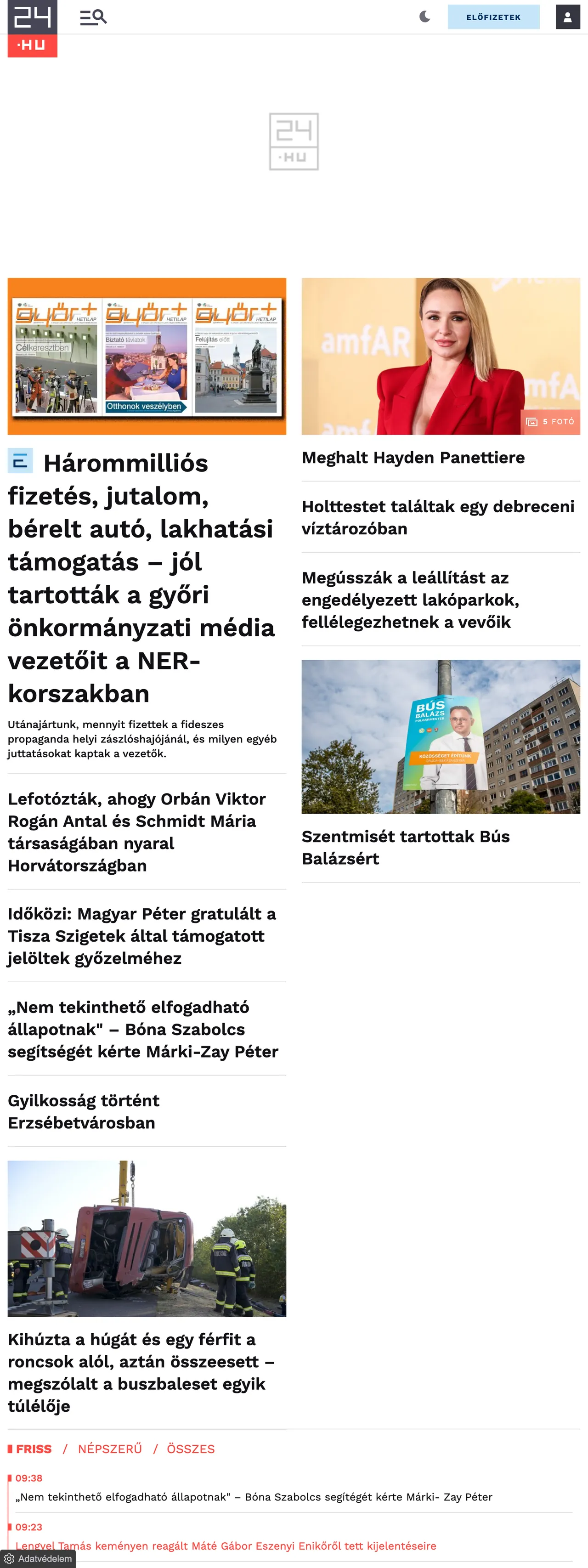 Screenshot of the 24.hu front page