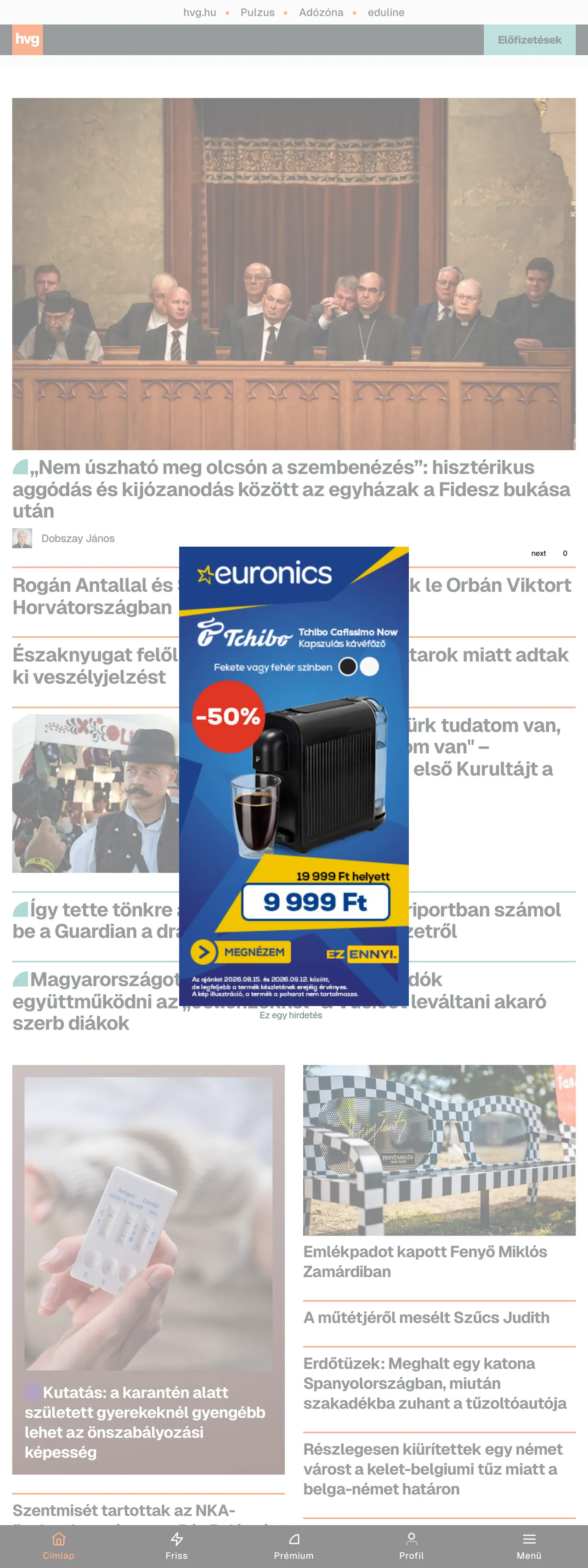 Screenshot of the HVG front page