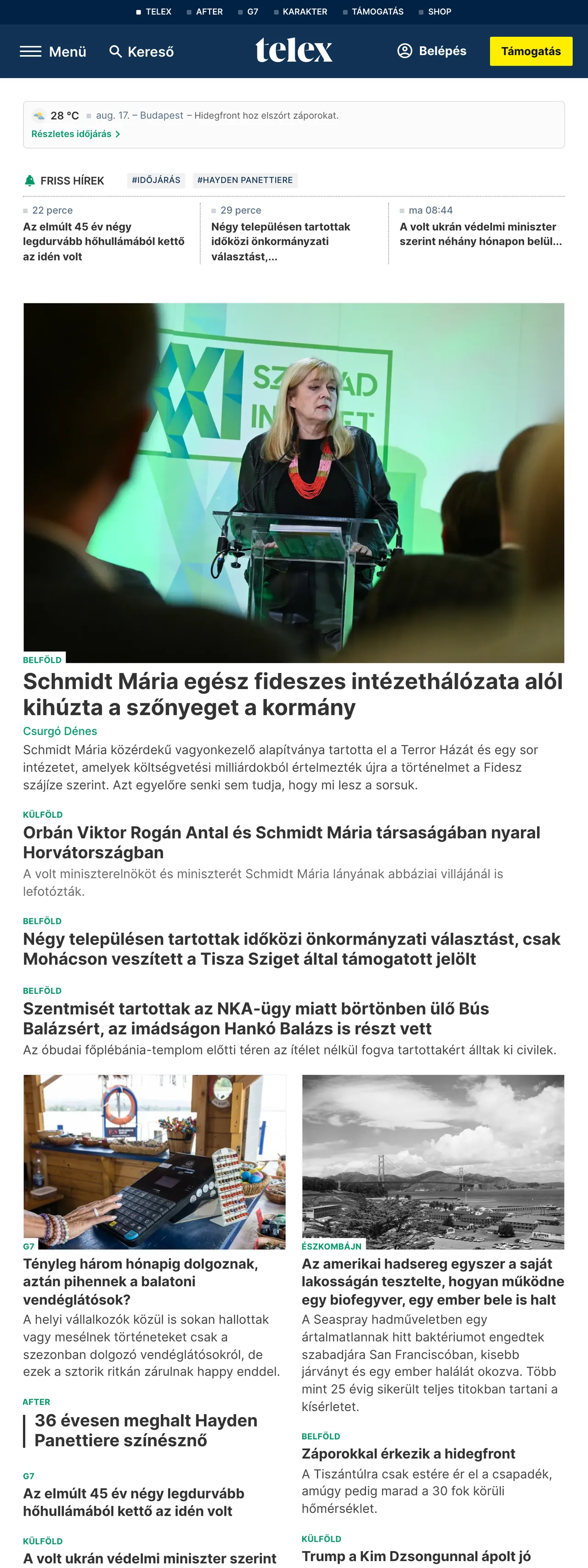 Screenshot of the Telex front page