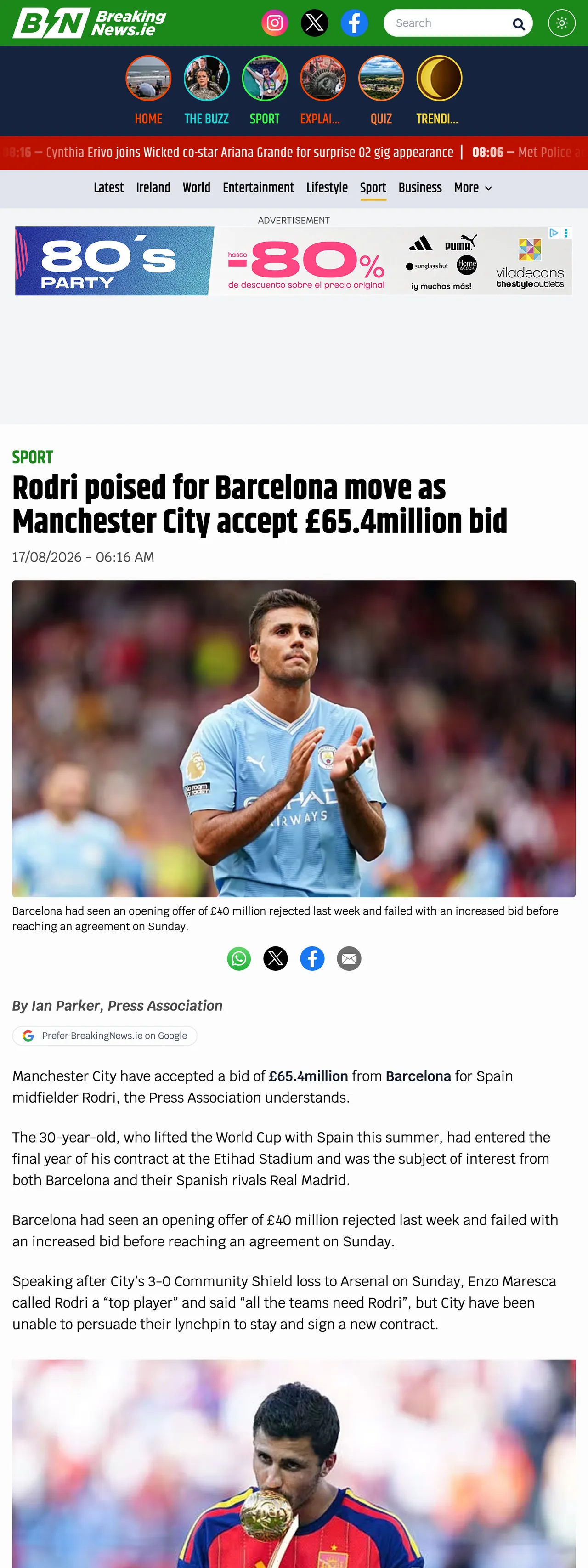 Screenshot of the BreakingNews.ie front page