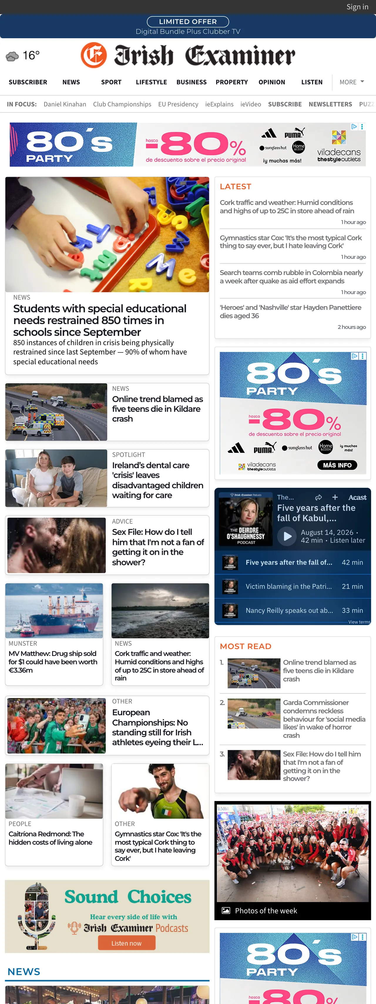Screenshot of the Irish Examiner front page
