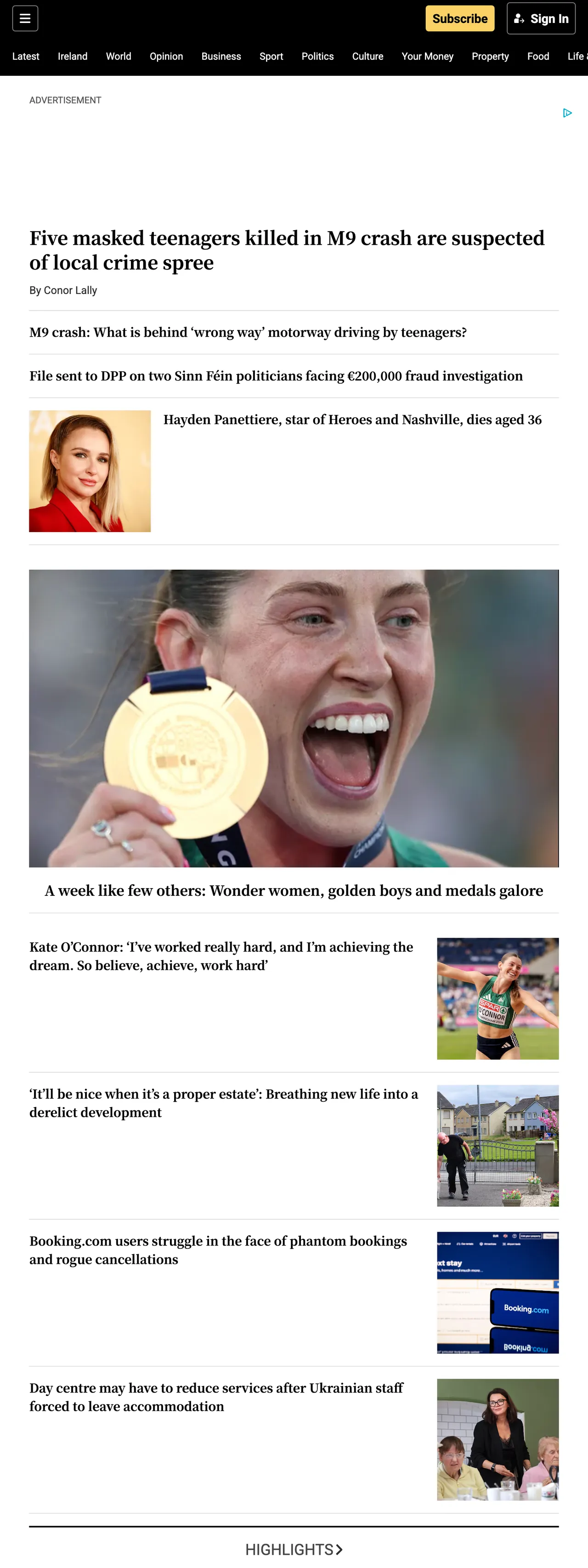 Screenshot of the The Irish Times front page