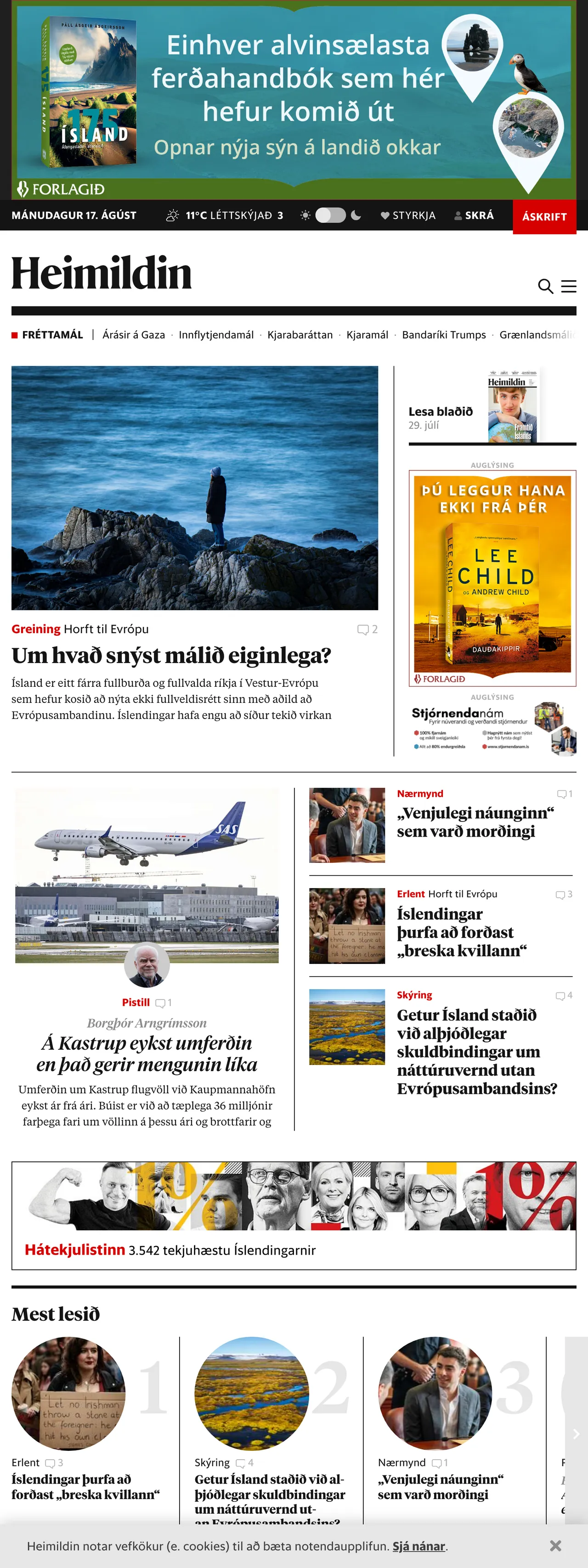Screenshot of the Heimildin front page