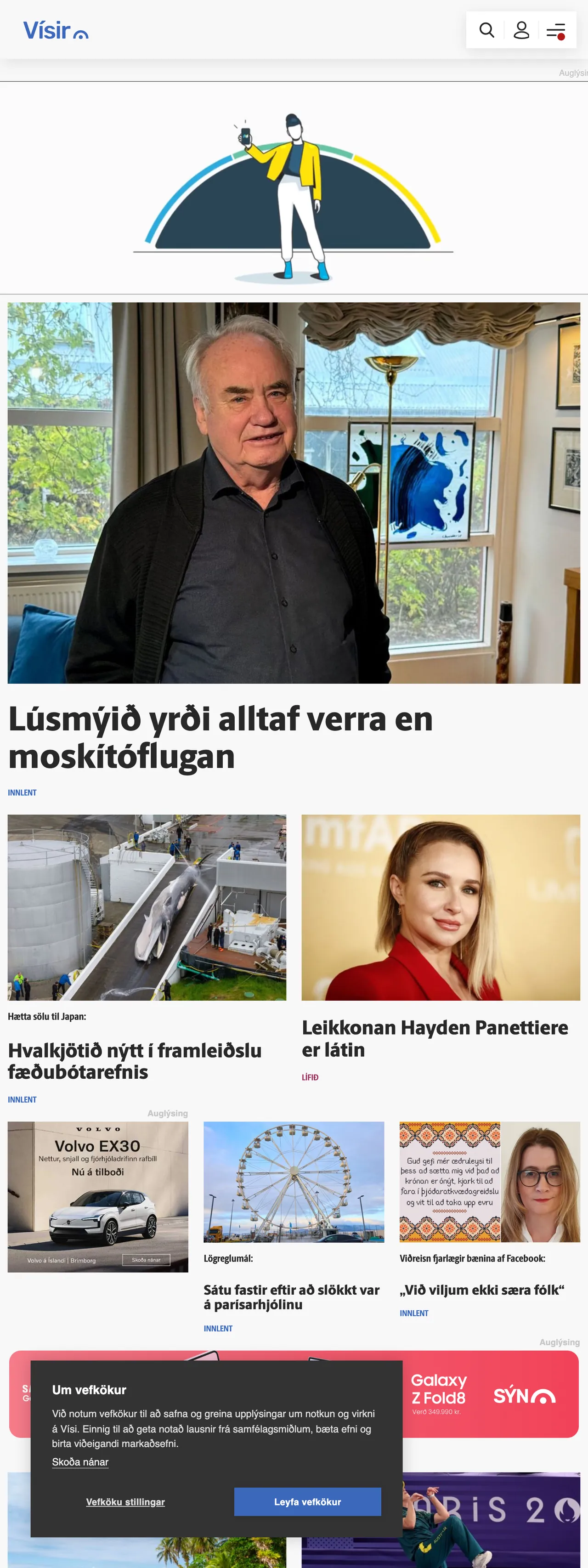 Screenshot of the Vísir front page