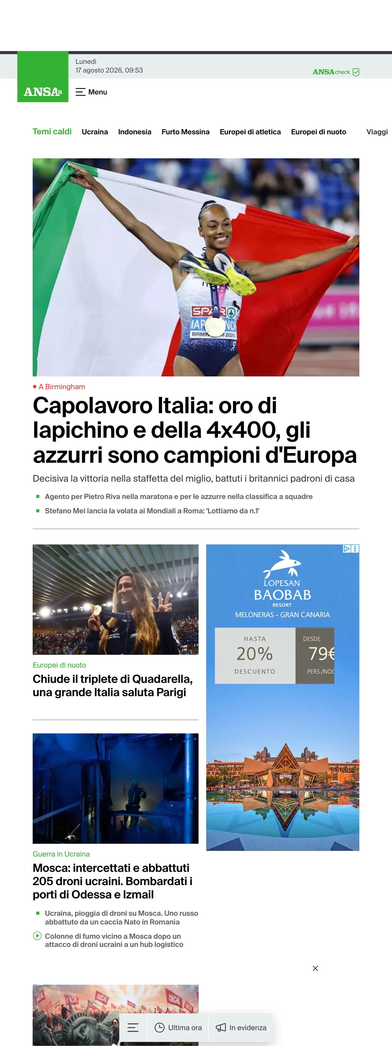 Screenshot of the ANSA front page
