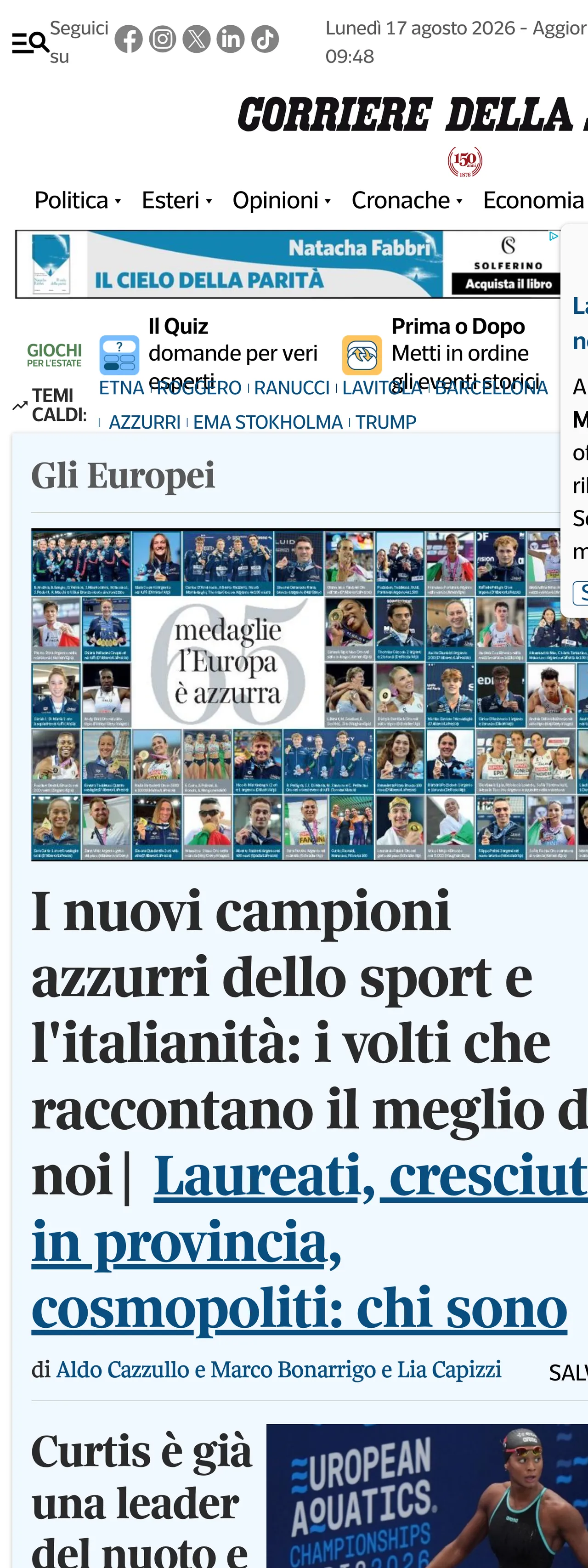 Screenshot of the Corriere della Sera front page