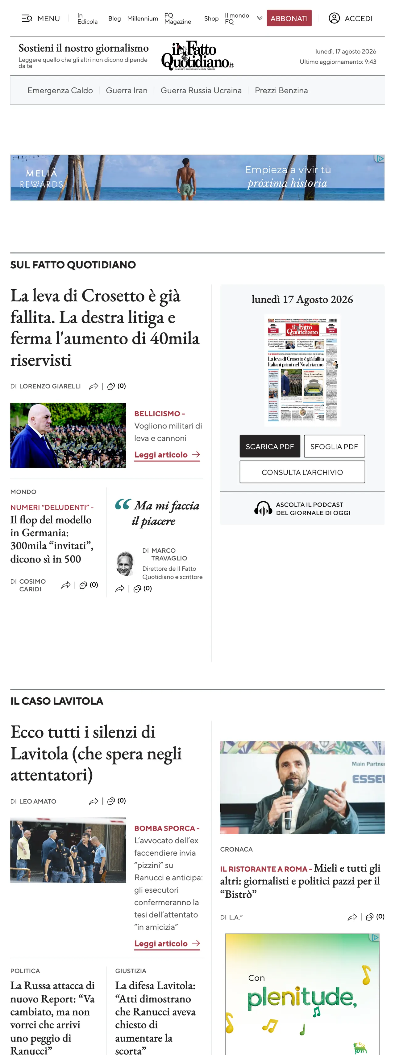 Screenshot of the Il Fatto Quotidiano front page