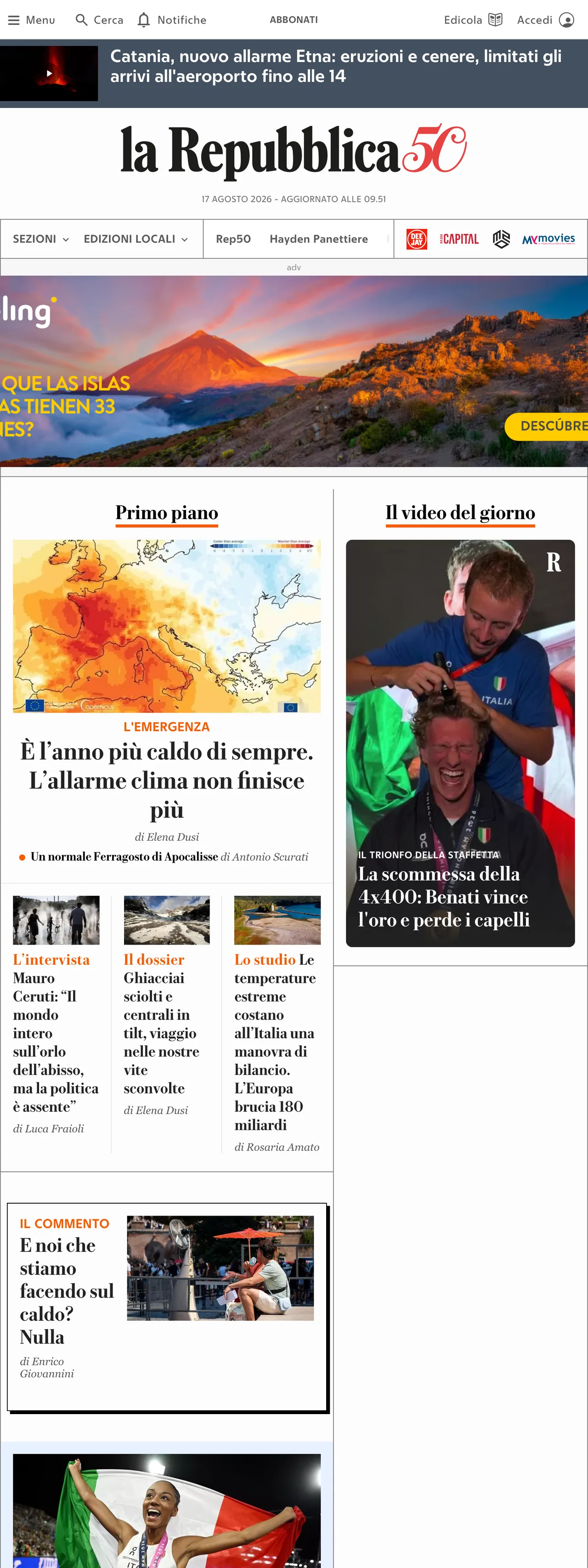 Screenshot of the la Repubblica front page