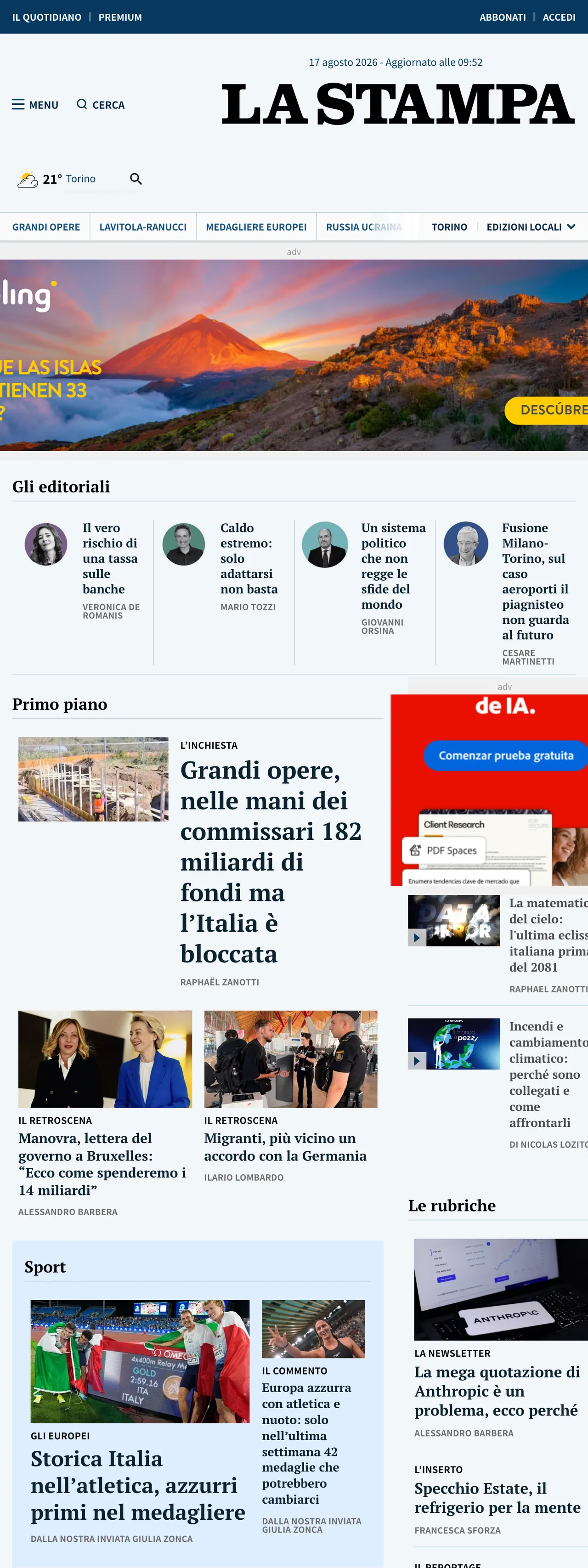Screenshot of the La Stampa front page