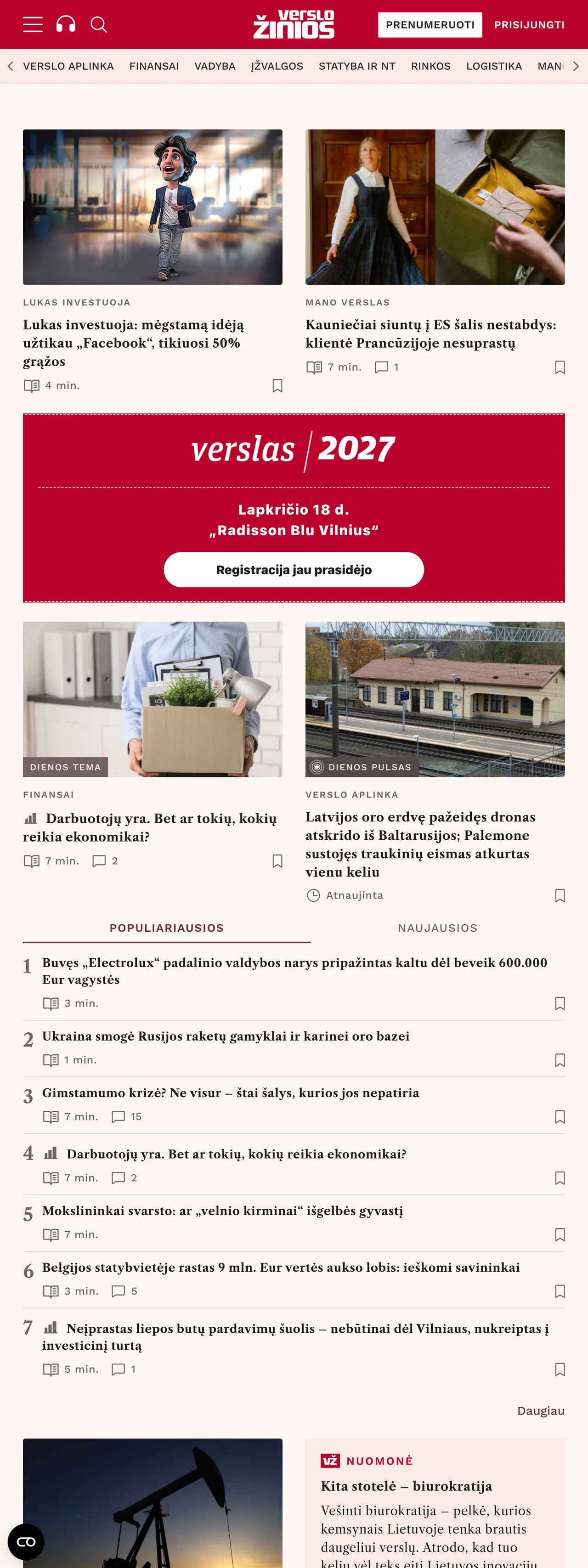 Screenshot of the Verslo žinios front page