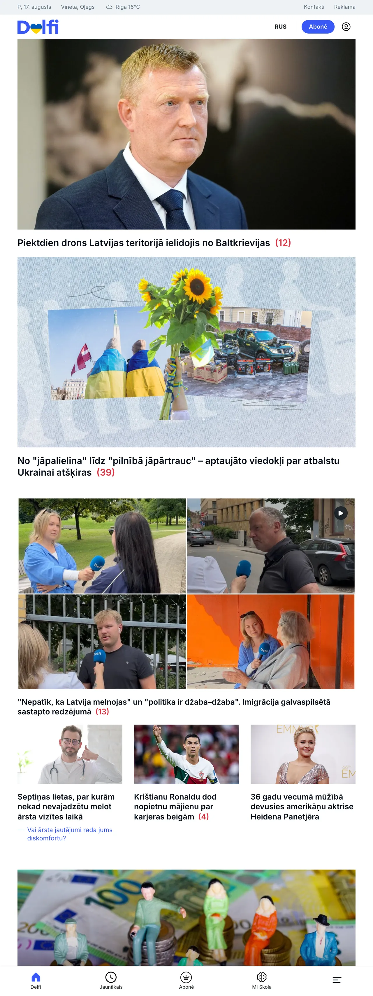 Screenshot of the Delfi front page
