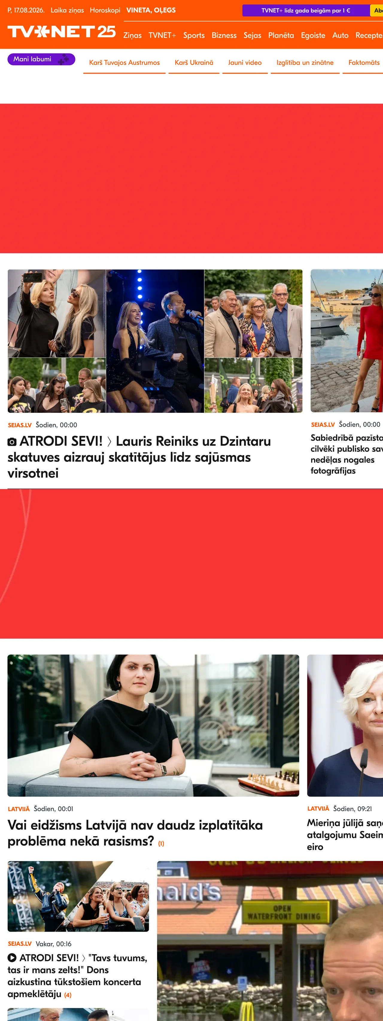 Screenshot of the TVNET front page