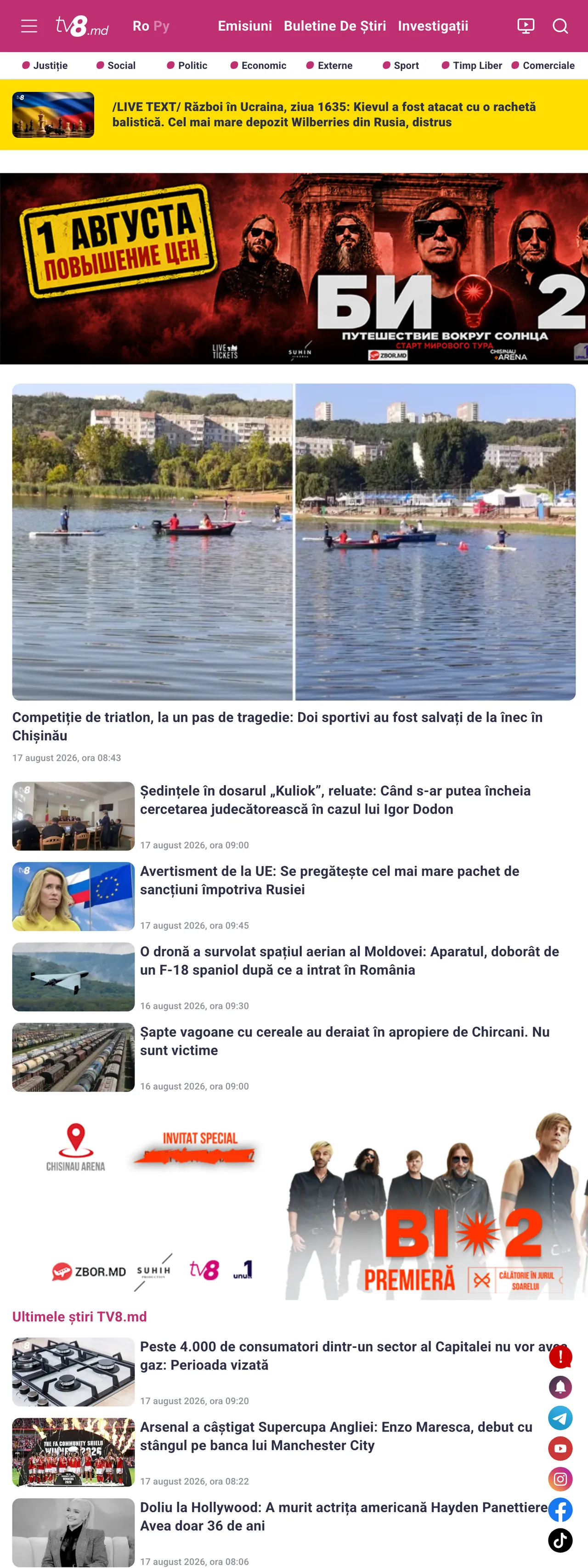Screenshot of the TV8 front page