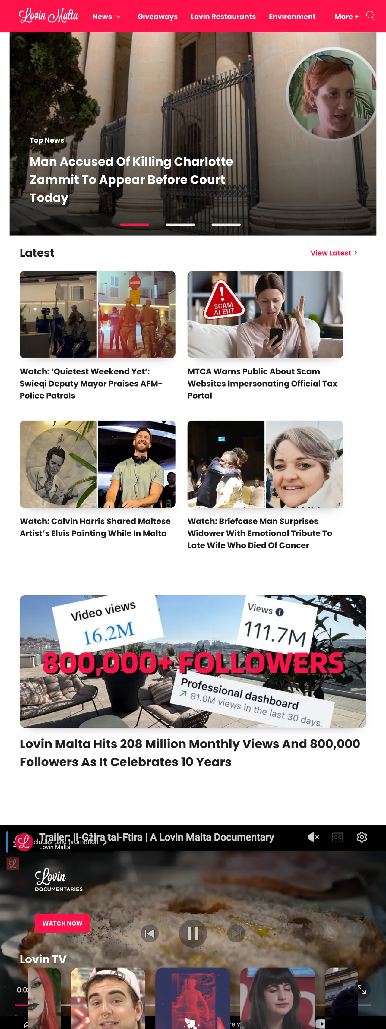 Screenshot of the Lovin Malta front page
