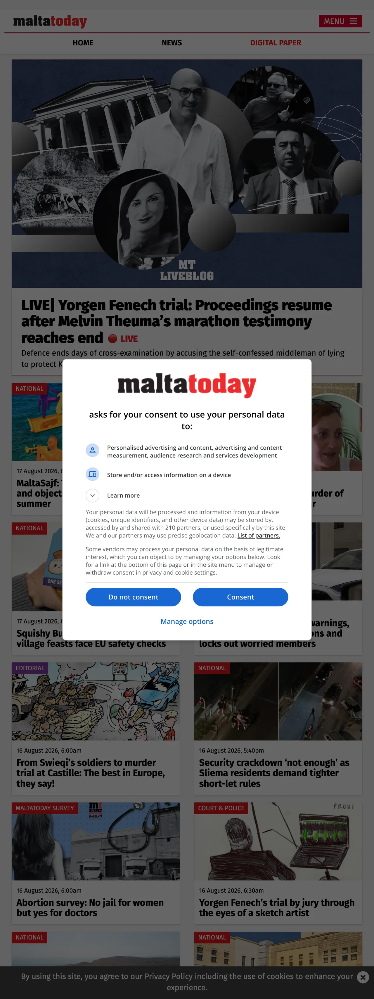 Screenshot of the Malta Today front page