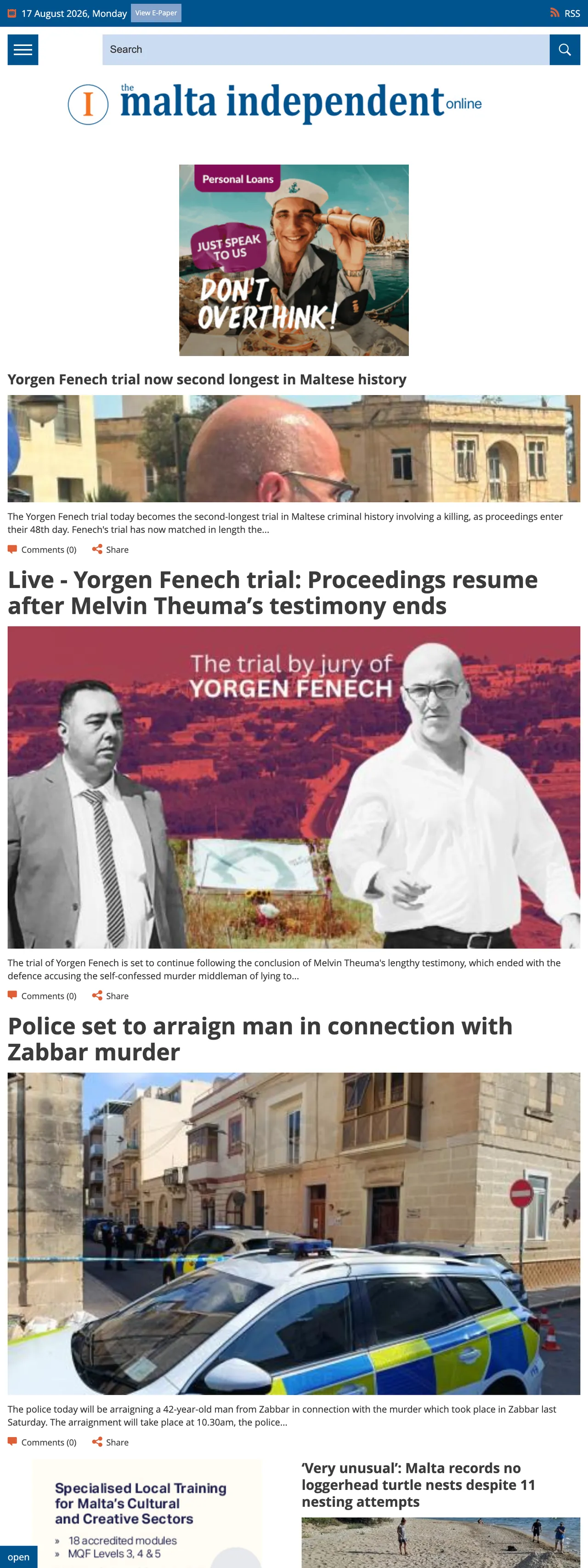 Screenshot of the The Malta Independent front page