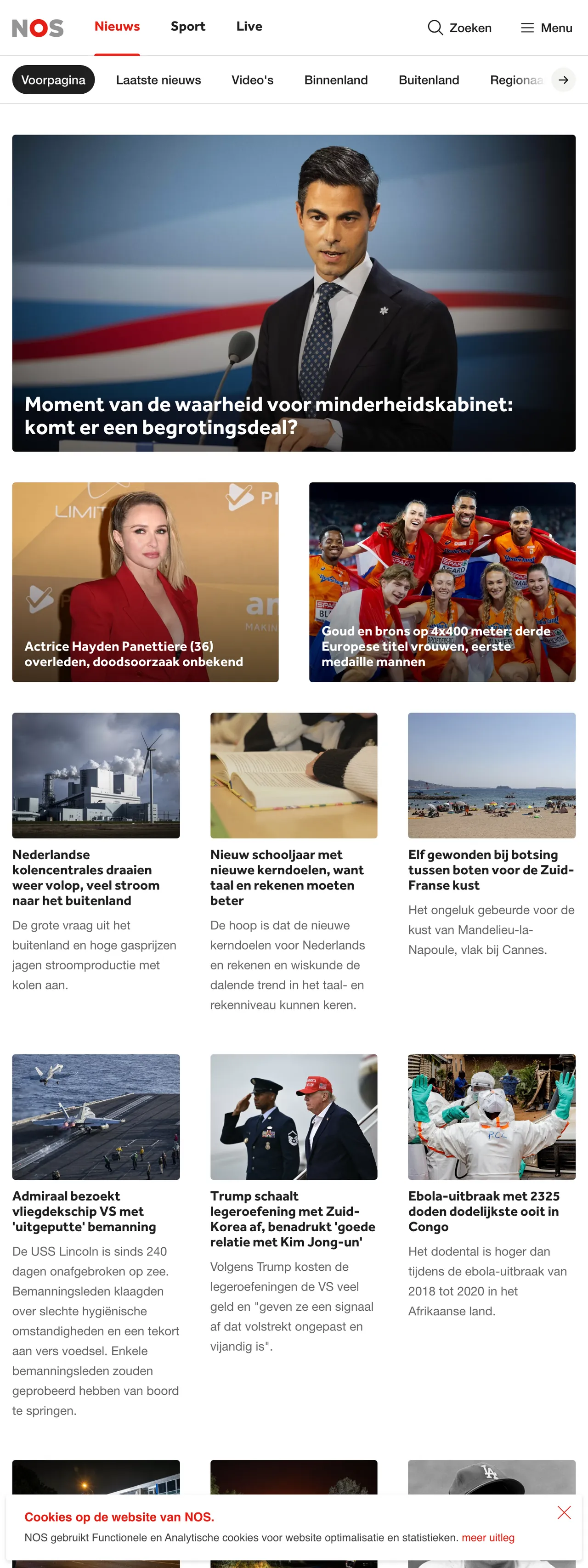 Screenshot of the NOS front page