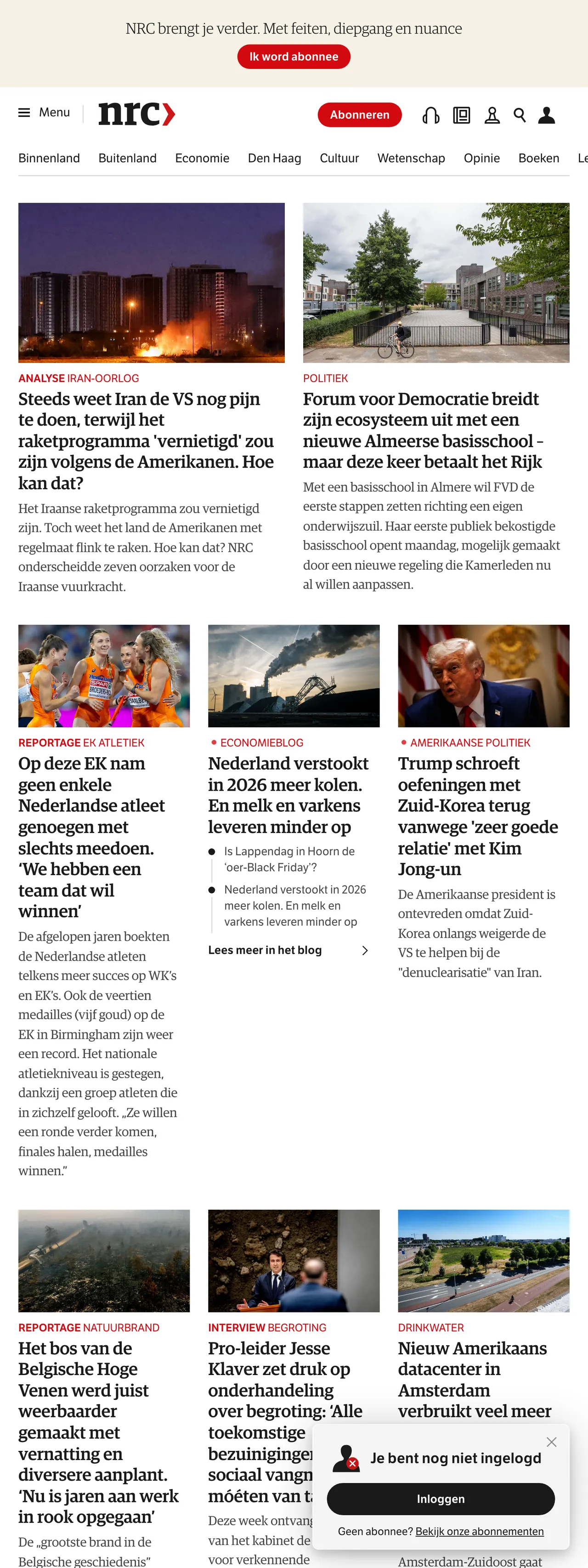 Screenshot of the NRC front page