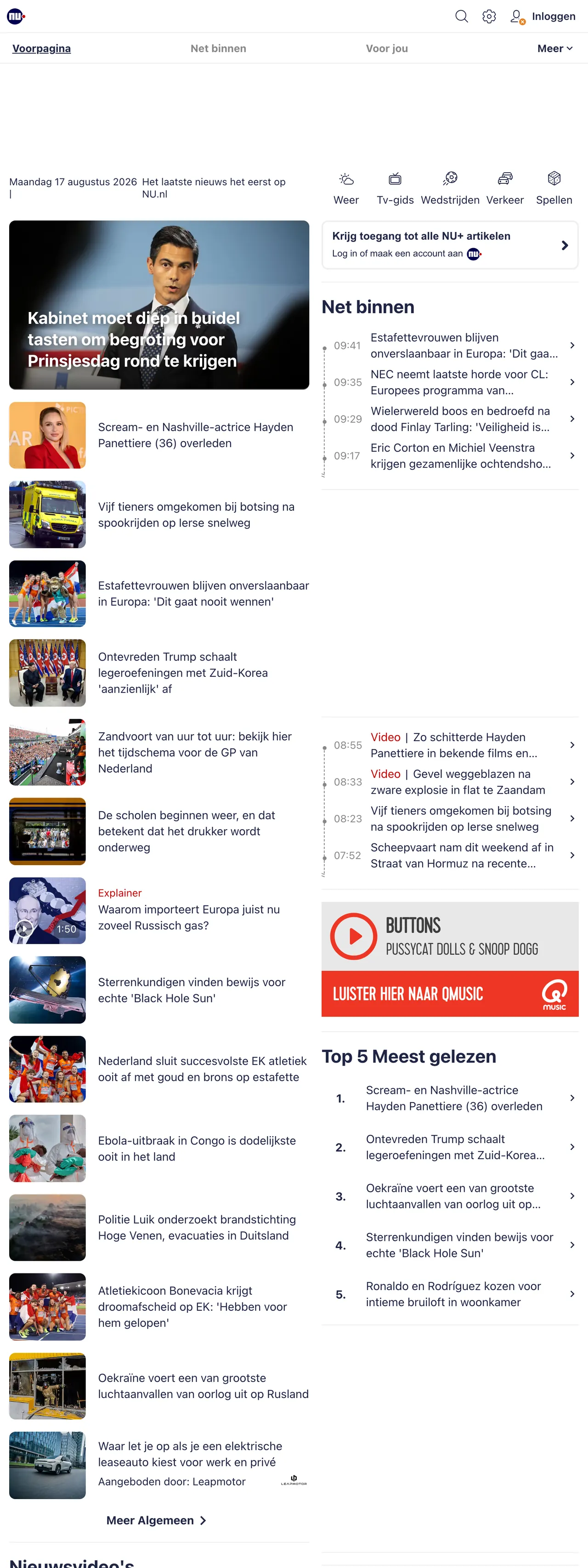 Screenshot of the NU.nl front page