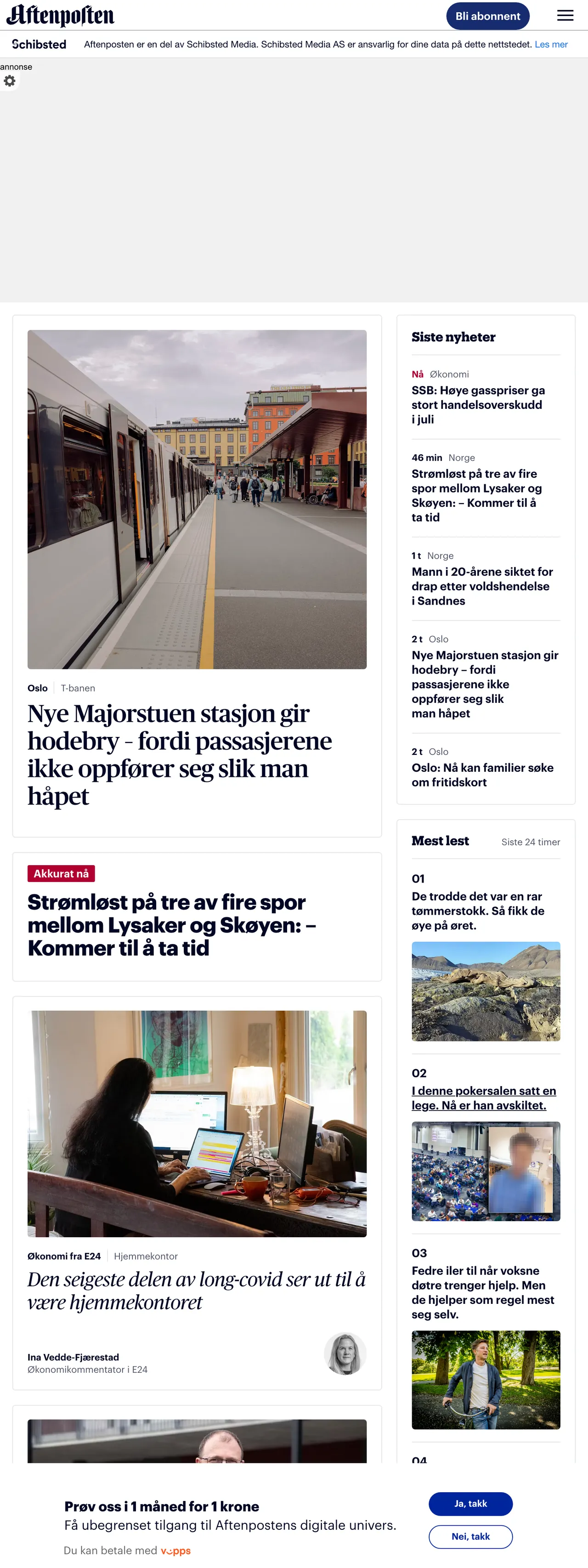 Screenshot of the Aftenposten front page