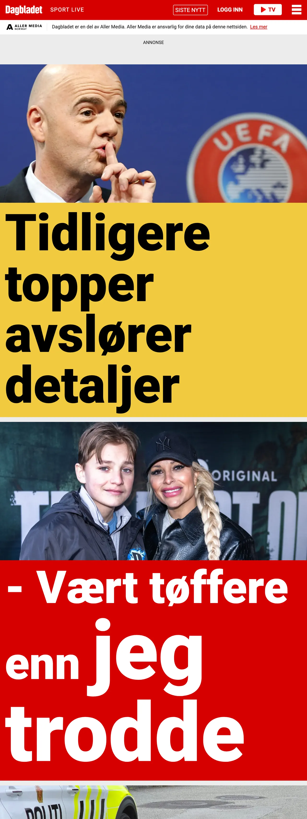 Screenshot of the Dagbladet front page