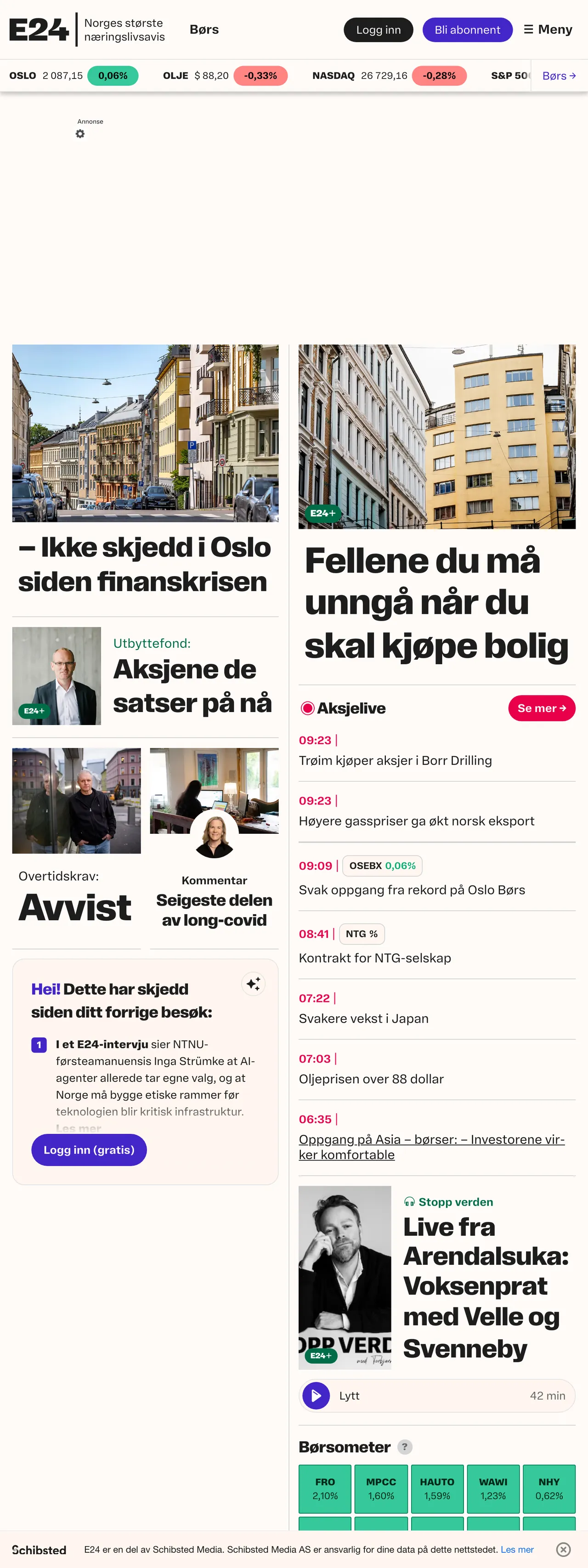 Screenshot of the E24 front page