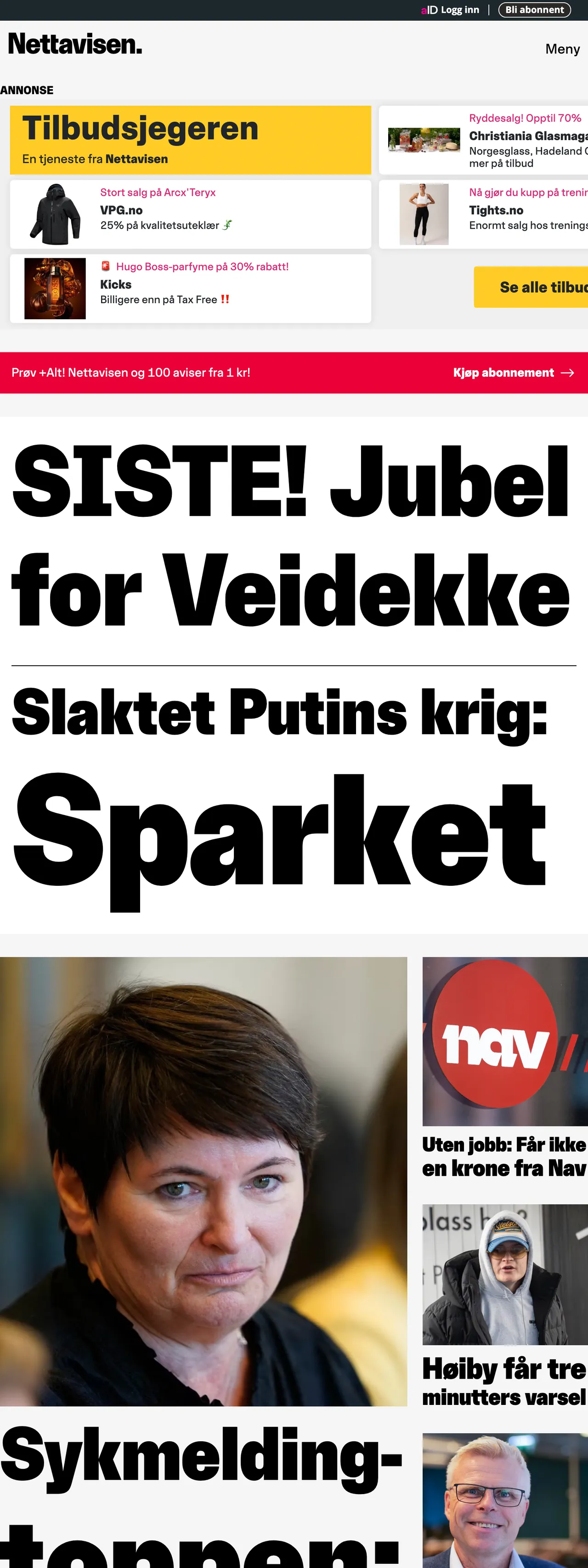 Screenshot of the Nettavisen front page