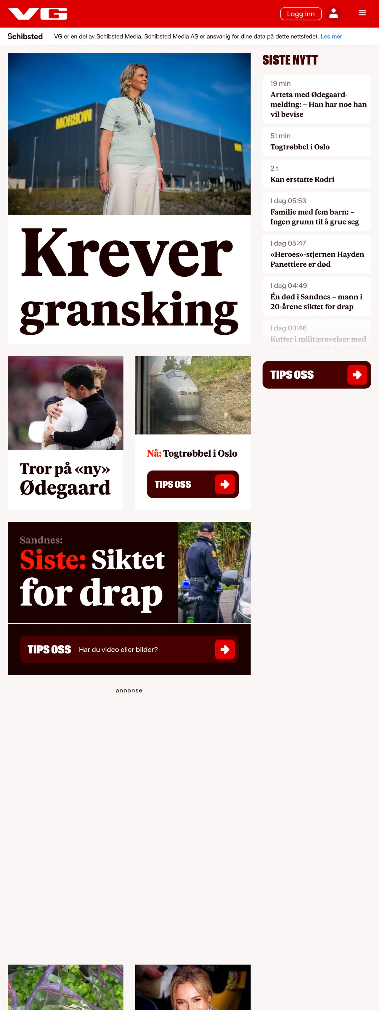 Screenshot of the VG front page