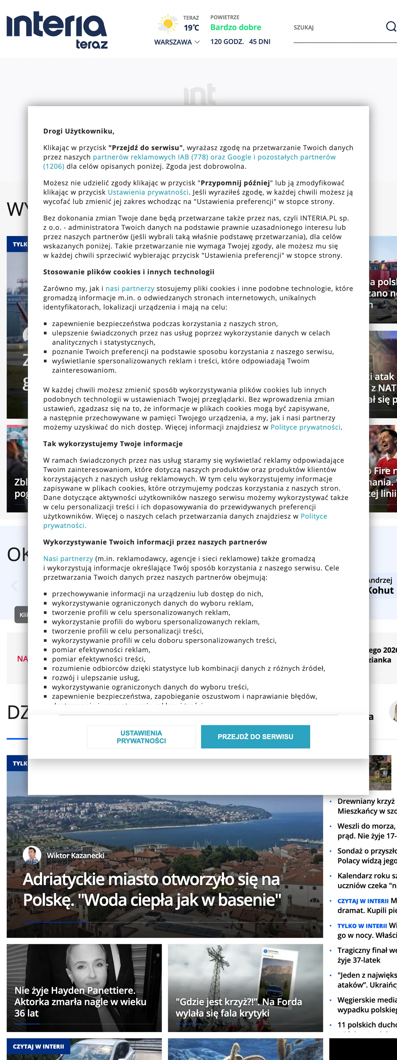 Screenshot of the Interia front page
