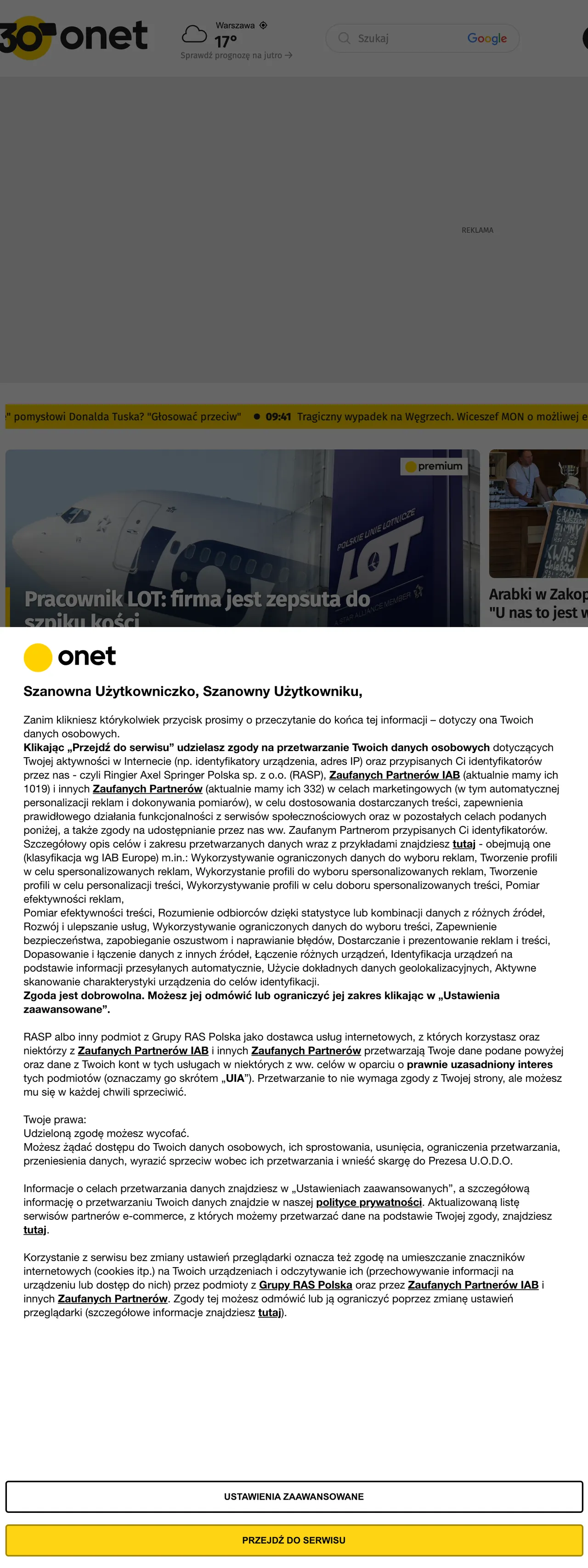 Screenshot of the Onet front page