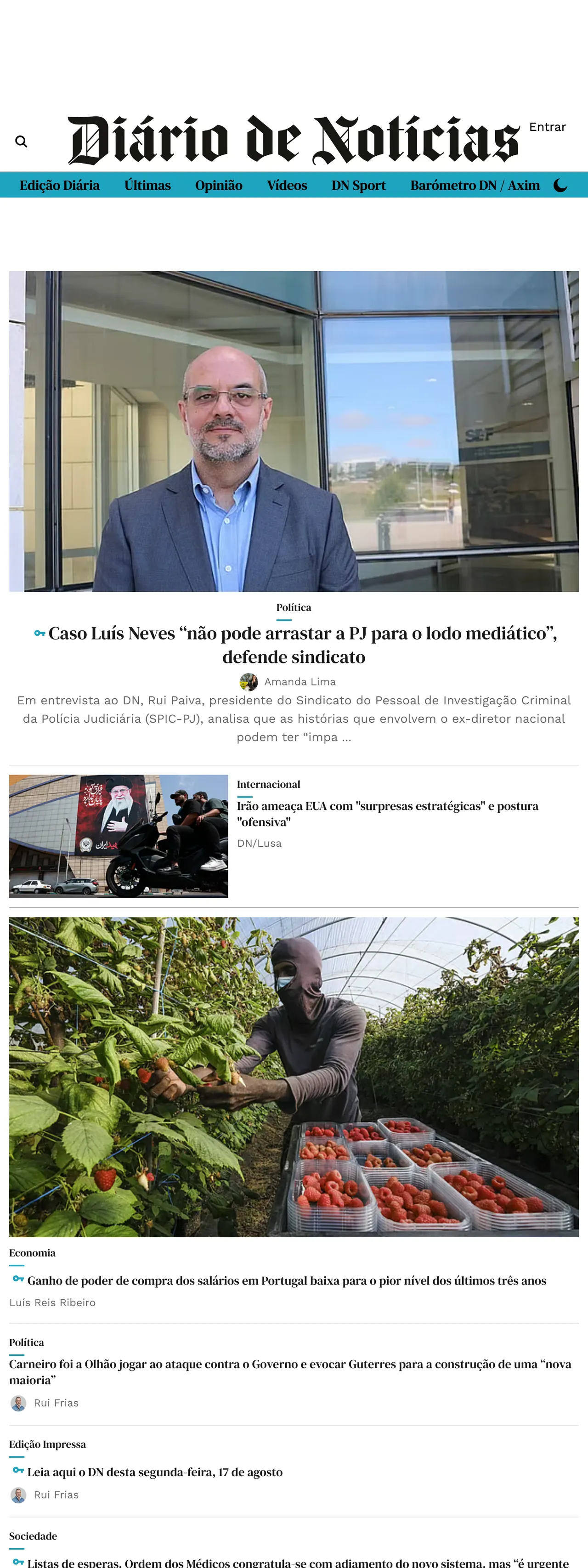 Screenshot of the Diário de Notícias front page
