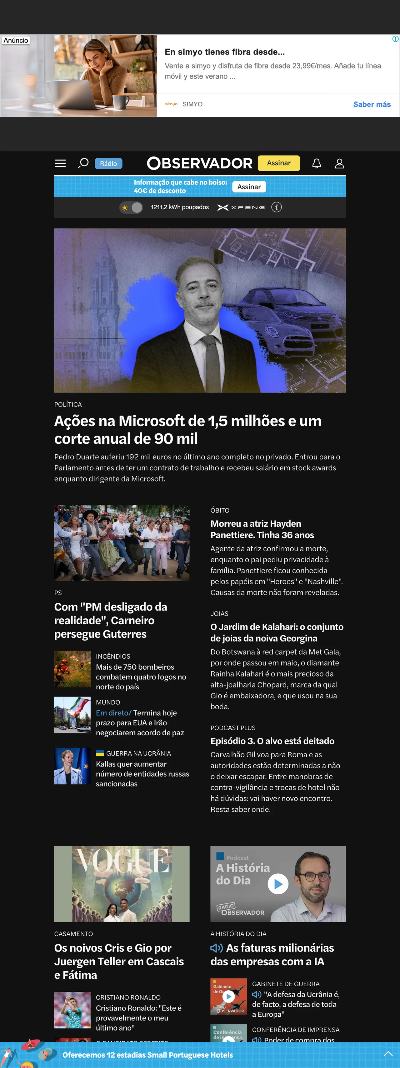 Screenshot of the Observador front page